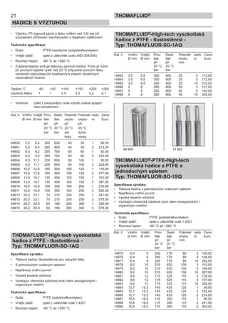 21
HADICE S VÝZTUHOU
THOMAFLUID®
• Výjimky: Při dopravě plynů o tlaku vyšším než 130 bar při
současném střídavém mechanickém a tepelném zatěžování.
Technická specifikace:
• Duše: PTFE-kopolymer (polytetrafluoretylen)
• Vnější plášť: oplet z ušlechtilé oceli (AISI 304/305)
• Rozmezí teplot: -60 °C až +260 °C
• Zvýšená teplota snižuje tlakovou pevnost hadice. Proto je nutno
při provozní teplotě vyšší než 20 °C přípustné provozní tlaky
vynásobit odpovídajícími koeficienty k získání skutečných
maximálních hodnot.
Teplota °C -60 +20 +100 +150 +200 +260
Opravný faktor 1 1 0,5 0,3 0,2 0,1
• Vodivost: oplet z nerezavějící oceli vytváří vodivé spojení
mezi armaturami.
Kat. č. Vnitřní Vnější Prov. Destr. Poloměr Poloměr Jedn. Cena
Ø mm Ø mm tlak tlak ohybu ohybu m Euro
při při při při
20 °C 20 °C 20 °C 20 °C
bar bar sta dyna-
tický mický
49600 5,0 8,4 265 800 40 50 1 90,00
49601 5,0 8,4 265 800 40 50 3 213,00
49602 6,5 9,2 250 750 50 60 1 92,00
49603 6,5 9,2 250 750 50 60 3 223,00
49604 8,0 11,1 200 600 80 100 1 95,00
49605 8,0 11,1 200 600 80 100 3 228,00
49606 10,0 12,6 165 500 100 125 1 116,00
49607 10,0 12,6 165 500 100 125 3 277,00
49608 13,0 16,7 135 400 125 150 1 162,00
49609 13,0 16,7 135 400 125 150 3 387,00
49610 16,0 19,9 100 300 150 200 1 218,00
49611 16,0 19,9 100 300 150 200 3 525,00
49612 20,0 23,1 70 210 200 250 1 241,00
49613 20,0 23,1 70 210 200 250 3 578,00
49614 26,0 29,9 60 180 250 300 1 300,00
49615 26,0 29,9 60 180 250 300 3 578,00
THOMAFLUID®-High-tech vysokotlaká
hadice z PTFE - tlustostěnná -
Typ: THOMAFLUOR-SO-1AQ
Specifikace výrobku:
• Tlaková hadice (tlustostěnná) pro nejvyšší tlaky
• S jednoduchým ocelovým opletem
• Nepřilnavý vnitřní povrch
• Vysoká tepelná odolnost
• Vynikající chemická odolnost proti všem anorganickým i
organickým médiím
Technická specifikace:
• Duše: PTFE (polytetrafluoretylen)
• Vnější plášť: oplet z ušlechtilé oceli 1.4301
• Rozmezí teplot: -60 °C až +260 °C
THOMAFLUID®-High-tech vysokotlaká
hadice z PTFE - tlustostěnná -
Typ: THOMAFLUOR-SO-1AQ
Kat. č. Vnitřní Vnější Prov. Destr. Poloměr Jedn. Cena
Ø mm Ø mm tlak tlak ohybu m Euro
při při mm
20 °C 20 °C
bar bar
14993 3,5 6,5 300 900 25 3 113,00
14994 3,5 6,5 300 900 25 5 172,00
14995 3,5 6,5 300 900 25 10 312,00
14996 5 8 280 800 50 3 121,00
14997 5 8 280 800 50 5 185,00
14998 5 8 280 800 50 10 335,00
THOMAFLUID®-PTFE-High-tech
vysokotlaká hadice z PTFE s
jednoduchým opletem
Typ: THOMAFLUOR-SO-1SQ
Specifikace výrobku:
• Tlaková hadice s jednoduchým ocelovým opletem
• Nepřilnavý vnitřní povrch
• Vysoká tepelná odolnost
• Vynikající chemická odolnost proti všem anorganickým i
organickým médiím
Technická specifikace:
• Duše: PTFE (polytetrafluoretylen)
• Vnější plášť: oplet z ušlechtilé oceli 1.4301
• Rozmezí teplot: -60 °C až +260 °C
Kat. č. Vnitřní Vnější Prov. Destr. Poloměr Jedn. Cena
Ø mm Ø mm tlak tlak ohybu m Euro
při při mm
20 °C 20 °C
bar bar
14975 6,4 9 250 770 80 3 100,00
14976 6,4 9 250 770 80 5 156,00
14977 6,4 9 250 770 80 10 282,00
14978 8,0 10 210 630 100 3 110,00
14979 8,0 10 210 630 100 5 169,00
14980 8,0 10 210 630 100 10 307,00
14981 9,6 12 175 525 115 3 128,00
14982 9,6 12 175 525 115 5 197,00
14983 9,6 12 175 525 115 10 356,00
14984 12,7 15,5 145 435 125 1 69,00
14985 12,7 15,5 145 435 125 3 182,00
14986 12,7 15,5 145 435 125 5 274,00
14987 15,8 18,5 115 350 115 1 90,00
14988 15,8 18,5 115 350 115 3 241,00
14989 15,8 18,5 115 350 115 5 364,00
49 600 14 993
 