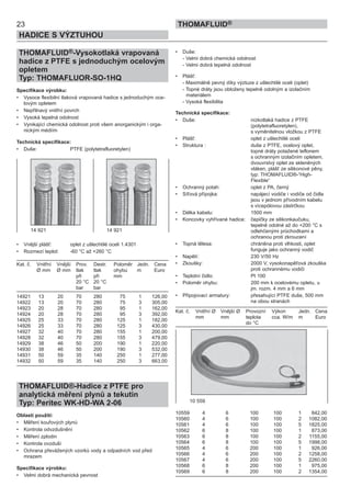 23
HADICE S VÝZTUHOU
THOMAFLUID®
THOMAFLUID®-Vysokotlaká vrapovaná
hadice z PTFE s jednoduchým ocelovým
opletem
Typ: THOMAFLUOR-SO-1HQ
Specifikace výrobku:
• Vysoce flexibilní tlaková vrapovaná hadice s jednoduchým oce-
lovým opletem
• Nepřilnavý vnitřní povrch
• Vysoká tepelná odolnost
• Vynikající chemická odolnost proti všem anorganickým i orga-
nickým médiím
Technická specifikace:
• Duše: PTFE (polytetrafluoretylen)
• Vnější plášť: oplet z ušlechtilé oceli 1.4301
• Rozmezí teplot: -60 °C až +260 °C
Kat. č. Vnitřní Vnější Prov. Destr. Poloměr Jedn. Cena
Ø mm Ø mm tlak tlak ohybu m Euro
při při mm
20 °C 20 °C
bar bar
14921 13 20 70 280 75 1 126,00
14922 13 20 70 280 75 3 305,00
14923 20 28 70 280 95 1 162,00
14924 20 28 70 280 95 3 392,00
14925 25 33 70 280 125 1 182,00
14926 25 33 70 280 125 3 430,00
14927 32 40 70 280 155 1 200,00
14928 32 40 70 280 155 3 479,00
14929 38 46 50 200 190 1 220,00
14930 38 46 50 200 190 3 532,00
14931 50 59 35 140 250 1 277,00
14932 50 59 35 140 250 3 663,00
THOMAFLUID®-Hadice z PTFE pro
analytická měření plynů a tekutin
Typ: Peritec WK-HD-WA 2-06
Oblasti použití:
• Měření kouřových plynů
• Kontrola odvzdušnění
• Měření zplodin
• Kontrola ovzduší
• Ochrana převážených vzorků vody a odpadních vod před
mrazem
Specifikace výrobku:
• Velmi dobrá mechanická pevnost
• Duše:
- Velmi dobrá chemická odolnost
- Velmi dobrá tepelná odolnost
• Plášť:
- Maximálně pevný díky výztuze z ušlechtilé oceli (oplet)
- Topné dráty jsou obloženy tepelně odolným a izolačním
materiálem
- Vysoká flexibilita
Technická specifikace:
• Duše: nízkotlaká hadice z PTFE
(polytetrafluoretylen),
s vyměnitelnou vložkou z PTFE
• Plášť: oplet z ušlechtilé oceli
• Struktura : duše z PTFE, ocelový oplet,
topné dráty potažené teflonem
s ochranným izolačním opletem,
dvouvrstvý oplet ze skleněných
vláken, plášť ze silikonové pěny,
typ: THOMAFLUID®-“High-
Flexible“
• Ochranný potah: oplet z PA, černý
• Síťová přípojka: napájecí vodiče i vodiče od čidla
jsou v jednom přívodním kabelu
s vícepólovou zástrčkou
• Délka kabelu: 1500 mm
• Koncovky vyhřívané hadice: čepičky ze silikonkaučuku,
tepelně odolné až do +200 °C s
odlehčenými průchodkami a
ochranou proti zkroucení
• Topná tělesa: chráněna proti vlhkosti, oplet
funguje jako ochranný vodič
• Napětí: 230 V/50 Hz
• Zkoušky: 2000 V, vysokonapěťová zkouška
proti ochrannému vodiči
• Teplotní čidlo: Pt 100
• Poloměr ohybu: 200 mm k ocelovému opletu, u
jm. rozm. 4 mm a 6 mm
• Připojovací armatury: přesahující PTFE duše, 500 mm
na obou stranách
Kat. č. Vnitřní Ø Vnější Ø Provozní Výkon Jedn. Cena
mm mm teplota cca. W/m m Euro
do °C
10559 4 6 100 100 1 842,00
10560 4 6 100 100 2 1082,00
10561 4 6 100 100 5 1825,00
10562 6 8 100 100 1 873,00
10563 6 8 100 100 2 1155,00
10564 6 8 100 100 5 1998,00
10565 4 6 200 100 1 926,00
10566 4 6 200 100 2 1258,00
10567 4 6 200 100 5 2260,00
10568 6 8 200 100 1 975,00
10569 6 8 200 100 2 1354,00
14 921 14 921
10 559
 