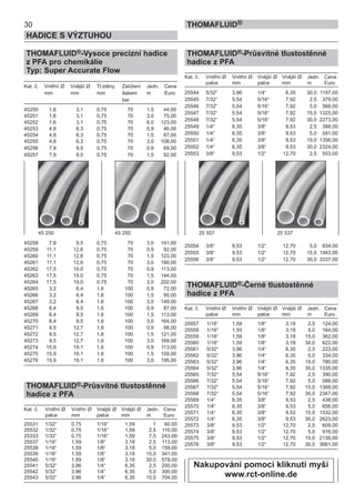 30
HADICE S VÝZTUHOU
THOMAFLUID®
THOMAFLUID®-Vysoce precizní hadice
z PFA pro chemikálie
Typ: Super Accurate Flow
Kat. č. Vnitřní Ø Vnější Ø Tl.stěny Zatížení Jedn. Cena
mm mm mm tlakem m Euro
bar
45250 1,6 3,1 0,75 70 1,5 44,00
45251 1,6 3,1 0,75 70 3,0 75,00
45252 1,6 3,1 0,75 70 6,0 123,00
45253 4,8 6,3 0,75 70 0,9 46,00
45254 4,8 6,3 0,75 70 1,5 67,00
45255 4,8 6,3 0,75 70 3,0 108,00
45256 7,9 9,5 0,75 70 0,9 69,00
45257 7,9 9,5 0,75 70 1,5 92,00
45258 7,9 9,5 0,75 70 3,0 141,00
45259 11,1 12,6 0,75 70 0,9 92,00
45260 11,1 12,6 0,75 70 1,5 123,00
45261 11,1 12,6 0,75 70 3,0 190,00
45262 17,5 19,0 0,75 70 0,9 113,00
45263 17,5 19,0 0,75 70 1,5 144,00
45264 17,5 19,0 0,75 70 3,0 202,00
45265 3,2 6,4 1,6 100 0,9 72,00
45266 3,2 6,4 1,6 100 1,5 95,00
45267 3,2 6,4 1,6 100 3,0 149,00
45268 6,4 9,5 1,6 100 0,9 87,00
45269 6,4 9,5 1,6 100 1,5 113,00
45270 6,4 9,5 1,6 100 3,0 164,00
45271 9,5 12,7 1,6 100 0,9 98,00
45272 9,5 12,7 1,6 100 1,5 121,00
45273 9,5 12,7 1,6 100 3,0 169,00
45274 15,9 19,1 1,6 100 0,9 113,00
45275 15,9 19,1 1,6 100 1,5 159,00
45276 15,9 19,1 1,6 100 3,0 195,00
THOMAFLUID®-Průsvitné tlustostěnné
hadice z PFA
Kat. č. Vnitřní Ø Vnitřní Ø Vnější Ø Vnější Ø Jedn. Cena
palce mm palce mm m Euro
25531 1/32“ 0,75 1/16” 1,59 1 60,00
25532 1/32“ 0,75 1/16” 1,59 2,5 110,00
25333 1/32“ 0,75 1/16” 1,59 7,5 243,00
25537 1/16“ 1,59 1/8“ 3,18 2,5 113,00
25538 1/16“ 1,59 1/8“ 3,18 5,0 159,00
25539 1/16“ 1,59 1/8“ 3,18 15,0 341,00
25540 1/16“ 1,59 1/8“ 3,18 30,0 578,00
25541 5/32“ 3,96 1/4“ 6,35 2,5 200,00
25542 5/32“ 3,96 1/4“ 6,35 5,0 300,00
25543 5/32“ 3,96 1/4“ 6,35 15,0 704,00
THOMAFLUID®-Průsvitné tlustostěnné
hadice z PFA
Kat. č. Vnitřní Ø Vnitřní Ø Vnější Ø Vnější Ø Jedn. Cena
palce mm palce mm m Euro
25544 5/32“ 3,96 1/4“ 6,35 30,0 1197,00
25545 7/32“ 5,54 5/16“ 7,92 2,5 379,00
25546 7/32“ 5,54 5/16“ 7,92 5,0 568,00
25547 7/32“ 5,54 5/16“ 7,92 15,0 1325,00
25548 7/32“ 5,54 5/16“ 7,92 30,0 2273,00
25549 1/4“ 6,35 3/8“ 9,53 2,5 388,00
25550 1/4“ 6,35 3/8“ 9,53 5,0 581,00
25551 1/4“ 6,35 3/8“ 9,53 15,0 1356,00
25552 1/4“ 6,35 3/8“ 9,53 30,0 2324,00
25553 3/8“ 9,53 1/2“ 12,70 2,5 553,00
25554 3/8“ 9,53 1/2“ 12,70 5,0 834,00
25555 3/8“ 9,53 1/2“ 12,70 15,0 1943,00
25556 3/8“ 9,53 1/2“ 12,70 30,0 3337,00
THOMAFLUID®-Černé tlustostěnné
hadice z PFA
Kat. č. Vnitřní Ø Vnitřní Ø Vnější Ø Vnější Ø Jedn. Cena
palce mm palce mm m Euro
25557 1/16“ 1,59 1/8“ 3,18 2,5 124,00
25558 1/16“ 1,59 1/8“ 3,18 5,0 164,00
25559 1/16“ 1,59 1/8“ 3,18 15,0 362,00
25560 1/16“ 1,59 1/8“ 3,18 30,0 622,00
25561 5/32“ 3,96 1/4“ 6,35 2,5 223,00
25562 5/32“ 3,96 1/4“ 6,35 5,0 334,00
25563 5/32“ 3,96 1/4“ 6,35 15,0 780,00
25564 5/32“ 3,96 1/4“ 6,35 30,0 1335,00
25565 7/32“ 5,54 5/16“ 7,92 2,5 390,00
25566 7/32“ 5,54 5/16“ 7,92 5,0 588,00
25567 7/32“ 5,54 5/16“ 7,92 15,0 1368,00
25568 7/32“ 5,54 5/16“ 7,92 30,0 2347,00
25569 1/4“ 6,35 3/8“ 9,53 2,5 438,00
25570 1/4“ 6,35 3/8“ 9,53 5,0 656,00
25571 1/4“ 6,35 3/8“ 9,53 15,0 1532,00
25572 1/4“ 6,35 3/8“ 9,53 30,0 2623,00
25573 3/8“ 9,53 1/2“ 12,70 2,5 609,00
25574 3/8“ 9,53 1/2“ 12,70 5,0 916,00
25575 3/8“ 9,53 1/2“ 12,70 15,0 2138,00
25576 3/8“ 9,53 1/2“ 12,70 30,0 3661,00
25 557 25 53745 250 45 250
Nakupování pomocí kliknutí myší
www.rct-online.de
 