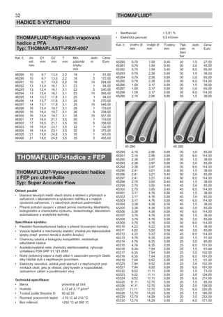 32
HADICE S VÝZTUHOU
THOMAFLUID®
THOMAFLUID®-High-tech vrapovaná
hadice z PFA
Typ: THOMAPLAST®-FRW-4067
Kat. č. Jm. D1 D2 T Min. Jedn. Cena
vel. mm mm mm poloměr m Euro
mm ohybu
mm
48289 10 9,7 13,0 2,2 18 1 61,00
48290 10 9,7 13,0 2,2 18 5 172,00
48291 10 9,7 13,0 2,2 18 10 284,00
48292 13 12,4 16,1 3,1 23 1 84,00
48293 13 12,4 16,1 3,1 23 5 240,00
48294 13 12,4 16,1 3,1 23 10 395,00
48295 14 13,7 17,8 3,1 25 1 94,00
48296 14 13,7 17,8 3,1 25 5 270,00
48297 14 13,7 17,8 3,1 25 10 446,00
48298 16 15,4 19,7 3,1 28 1 119,00
48299 16 15,4 19,7 3,1 28 5 338,00
48300 16 15,4 19,7 3,1 28 10 557,00
48301 17 16,5 21,1 3,5 30 1 119,00
48302 17 16,5 21,1 3,5 30 5 338,00
48303 18 18,4 23,1 3,5 32 1 132,00
48304 18 18,4 23,1 3,5 32 5 375,00
48305 21 19,8 24,8 3,5 35 1 143,00
48306 21 19,8 24,8 3,5 35 5 405,00
THOMAFLUID®-Hadice z FEP
THOMAFLUID®-Vysoce precizní hadice
z FEP pro chemikálie
Typ: Super Accurate Flow
Oblasti použití
• Doprava tekutých médií všech druhů a složení v přístrojích a
zařízeních v laboratorním a výukovém měřítku a v malých
výrobních zařízeních, i v náročných okolních podmínkách
• Přesná potrubní spojení v oblasti jemné mechaniky, lékařského,
biologického a chemického výzkumu, biotechnologií, laboratorní
automatizace a analytické techniky
Specifikace výrobku:
• Flexibilní fluorokarbonová hadice s přesně lícovanými rozměry.
• Vysoce tepelně a mechanicky stabilní, vhodná pro tlakovzdušné
spojky (např. pomocí ferule a dutého šroubu)
• Chemicky odolná a biologicky kompatibilní, neobsahuje
odlučitelné částice
• Autoklávovatelná nebo chemicky sterilizovatelná, vyhovuje
vyhláškám FDA GRF 21.121.2555
• Nízký průtokový odpor a malý sklon k usazování pevných částic
díky hladké duši s nepřilnavým povrchem.
• Elektricky nevodivá, odolná proti stárnutí i v nepříznivých pod-
mínkách okolí, jako je vlhkost, páry kyselin a rozpouštědel,
radioaktivní záření a povětrnostní vlivy
Technická specifikace:
• Barva: průsvitná až čirá
• Hustota: 2,12 až 2,17 g/cm3
• Tvrdost podle Shoreho D: 50 až 55
• Rozmezí pracovních teplot: -170 °C až 210 °C
• Bod měknutí: +252 °C až 260 °C
• Navlhavost: < 0,01 %
• Elektrická pevnost: 5,5 kV/mm
Kat. č. Vnitřní Ø Vnější Ø Tl.stěny Tlak. Jedn. Cena
mm mm mm zatí- m Euro
žení
bar
45280 0,79 1,59 0,40 30 1,5 27,00
45281 0,79 1,59 0,40 30 3,0 45,00
45282 0,79 1,59 0,40 30 6,0 85,00
45283 0,79 2,38 0,80 30 1,5 38,00
45284 0,79 2,38 0,80 30 3,0 65,00
45285 0,79 2,38 0,80 30 6,0 114,00
45286 1,59 3,17 0,80 30 1,5 38,00
45287 1,59 3,17 0,80 30 3,0 65,00
45288 1,59 3,17 0,80 30 6,0 114,00
45289 2,16 2,96 0,80 30 1,5 38,00
45290 2,16 2,96 0,80 30 3,0 65,00
45291 2,16 2,96 0,80 30 6,0 114,00
45292 2,38 3,97 0,80 30 1,5 38,00
45293 2,38 3,97 0,80 30 3,0 65,00
45294 2,38 3,97 0,80 30 6,0 114,00
45295 2,41 3,21 0,40 50 1,5 38,00
45296 2,41 3,21 0,40 50 3,0 65,00
45297 2,41 3,21 0,40 50 6,0 114,00
45298 2,70 3,50 0,40 40 1,5 38,00
45299 2,70 3,50 0,40 40 3,0 65,00
45300 2,70 3,50 0,40 40 6,0 114,00
45301 3,17 4,76 0,80 40 1,5 38,00
45302 3,17 4,76 0,80 40 3,0 65,00
45303 3,17 4,76 0,80 40 6,0 114,00
45304 3,38 4,38 0,50 40 1,5 38,00
45305 3,38 4,38 0,50 40 3,0 65,00
45306 3,38 4,38 0,50 40 6,0 114,00
45307 3,76 4,76 0,50 30 1,5 38,00
45308 3,76 4,76 0,50 30 3,0 65,00
45309 3,76 4,76 0,50 30 6,0 114,00
45310 4,22 5,22 0,50 40 1,5 38,00
45311 4,22 5,22 0,50 40 3,0 65,00
45312 4,22 5,22 0,50 40 6,0 114,00
45313 4,76 6,35 0,80 20 1,5 51,00
45314 4,76 6,35 0,80 20 3,0 85,00
45315 4,76 6,35 0,80 20 6,0 151,00
45316 6,35 7,94 0,80 20 1,5 61,00
45317 6,35 7,94 0,80 20 3,0 102,00
45318 6,35 7,94 0,80 20 6,0 181,00
45319 7,94 9,52 0,80 20 1,5 61,00
45320 7,94 9,52 0,80 20 3,0 102,00
45321 7,94 9,52 0,80 20 6,0 181,00
45322 9,52 11,11 0,80 20 1,5 73,00
45323 9,52 11,11 0,80 20 3,0 124,00
45324 9,52 11,11 0,80 20 6,0 211,00
45325 11,11 12,70 0,80 20 1,5 85,00
45326 11,11 12,70 0,80 20 3,0 138,00
45327 11,11 12,70 0,80 20 6,0 220,00
45328 12,70 14,29 0,80 20 1,5 146,00
45329 12,70 14,29 0,80 20 3,0 232,00
45330 12,70 14,29 0,80 20 6,0 371,00
45 280 45 280
 
