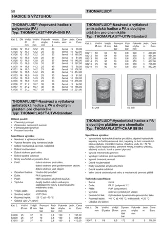 50
HADICE S VÝZTUHOU
THOMAFLUID®
THOMAFLUID®-Vrapovaná hadice z
polyamidu (PA)
Typ: THOMAPLAST®-FRW-4040 PA
Kat. č. DN Vnější Vnitřní Poloměr Hmotn. Zbar- Jedn. Cena
Ø Ø ohybu 1 metru vení m Euro
mm mm mm g
43124 12 15,7 12,2 20 33 černá 5 70,00
43125 12 15,7 12,2 20 33 černá 10 122,00
43126 12 15,7 12,2 20 33 černá 15 165,00
43127 13 16,0 12,8 20 37 černá 5 81,00
43128 13 16,0 12,8 20 37 černá 10 145,00
43129 13 16,0 12,8 20 37 černá 15 197,00
43130 14 18,5 14,2 25 49 černá 5 90,00
43131 14 18,5 14,2 25 49 černá 10 158,00
43132 14 18,5 14,2 25 49 černá 15 214,00
43133 16 18,9 14,9 25 53 černá 5 91,00
43134 16 18,9 14,9 25 53 černá 10 160,00
43135 16 18,9 14,9 25 53 černá 15 216,00
43136 17 21,2 16,7 30 56 černá 5 94,00
43137 17 21,2 16,7 30 56 černá 10 166,00
43138 17 21,2 16,7 30 56 černá 15 221,00
THOMAFLUID®-Nasávací a výtlaková
antistatická hadice z PA s dvojitým
pláštěm pro chemikálie
Typ: THOMAPLAST®-UTW-Standard
Oblasti použití:
• Chemický průmysl
• Zpracování nerostných surovin
• Farmaceutický průmysl
• Procesní technika
Specifikace výrobku:
• Nasávací a výtlaková hadice
• Vysoce flexibilní díky konstrukci duše
• Dobrá mechanická pevnost, nebobtná
• Dobrá houževnatost
• Dobrá odolnost proti otěru
• Dobrá tepelná odolnost
• Nízký součinitel smykového tření
• Plášť: dobrá odolnost proti otěru;
dobrá odolnost proti povětrnostním vlivům;
dobrá odolnost vůči olejům
• Označení hadice: ”modro-bílý proužek”
• Duše: PA 6 (polyamid)
• Plášť: NBR (butadien-akrylnitril-kaučuk)
• Výztuha: dvojitý textilní oplet s vetkanými
stabilizačními vlákny z pocínovaného
měděného drátu.
• Vnější plášť: antistatický
• Svodový odpor: <106 Ohm
• Rozmezí teplot: -25 °C až +70 °C
• Odolná vůči UV záření
Kat. č. Vnitřní Vnější Provozní Pod- Poloměr Jedn. Cena
Ø mm Ø mm tlak tlak ohybu m Euro
bar bar mm
83208 25 37 10 0,8 150 1 197,00
83209 25 37 10 0,8 150 3 356,00
83210 25 37 10 0,8 150 5 412,00
THOMAFLUID®-Nasávací a výtlaková
antistatická hadice z PA s dvojitým
pláštěm pro chemikálie
Typ: THOMAPLAST®-UTW-Standard
Kat. č. Vnitřní Vnější Provozní Pod- Poloměr Jedn. Cena
Ø mm Ø mm tlak tlak ohybu m Euro
bar bar mm
83211 50 64 10 0,8 300 1 259,00
83212 50 64 10 0,8 300 3 484,00
83213 50 64 10 0,8 300 5 573,00
83214 75 90 10 0,8 350 1 412,00
83215 75 90 10 0,8 350 3 706,00
83216 75 90 10 0,8 350 5 882,00
THOMAFLUID®-Vysokotlaká hadice z PA
s dvojitým pláštěm pro chemikálie
Typ: THOMAPLAST®-CHAP 99194
Specifikace výrobku:
• Vysokotlaká hydraulická hadice pro těžko zápalné hydraulické
kapaliny na fosfáto-esterové bázi, kapaliny na bázi minerálních
olejů a glykolu, minerální maziva, chladiva, vodu do +70 °C,
barvy, různá rozpouštědla, pohonné hmoty, kyselinu uhličitou,
stlačený vzduch, dusík a zemní plyn atd.
• Vysoká mechanická pevnost
• Vynikající odolnost proti opotřebení
• Vysoká únavová pevnost
• Dobrá houževnatost
• Nízký součinitel smykového tření
• Dobrá tepelná odolnost
• Velmi dobrá odolnost proti otěru a mechanická pevnost pláště
Technická specifikace:
• Barva: černá
• Duše: PA 11 (polyamid 11)
• Plášť: PUR (polyuretan)
• Výztuha: oplet ze syntetických vláken
• Destrukční tlak: čtyřnásobek dynamického provozního tlaku
• Rozmezí teplot: -40 °C až +95 °C, krátkodobě: +120 °C
• Odolává UV-záření
Kat. č. DN Vnitřní Vnější Dynam. Poloměr Jedn. Cena
mm Ø palce Ø mm prov. ohybu m Euro
tlak mm
bar
13087 3 1/8 8,5 172 13 5 116,00
83 208 83 208
 