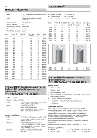 57
HADICE S VÝZTUHOU
THOMAFLUID®
• Duše: LDPE (nízkohustotní polyetylen, vysoce
zesíťovaný)
• Plášť: EVA (etylenvinylacetát, vysoce
zesíťovaný)
• Rozmezí teplot: -35 °C až +95 °C
• Teplota zkřehnutí: -51 °C
• Odolnost proti stárnutí: velmi dobrá
• Mechanické chování: flexibilní
• Hemolytické vlastnosti: žádné
Kat. č. Vnitřní Ø Vnější Ø Prov. tlak Jedn. Cena
mm mm při 23 °C m Euro
28019 1,6 4,8 6,5 5 98,00
28020 1,6 4,8 6,5 15 241,00
28021 3,2 4,8 3,3 5 100,00
28022 3,2 4,8 3,3 15 284,00
28023 3,2 6,4 5,5 5 113,00
28024 3,2 6,4 5,5 15 284,00
28027 4,8 6,4 3,0 5 113,00
28028 4,8 6,4 3,0 15 284,00
28029 4,8 8,0 4,5 5 149,00
28030 4,8 8,0 4,5 15 356,00
28031 6,4 9,6 4,5 5 162,00
28032 6,4 9,6 4,5 15 389,00
28035 8,0 11,2 4,2 5 202,00
28036 8,0 11,2 4,2 15 445,00
28037 9,6 12,7 4,0 5 202,00
28038 9,6 12,7 4,0 15 445,00
28039 9,6 16,0 5,0 5 236,00
28040 9,6 16,0 5,0 15 537,00
28041 12,7 16,0 2,5 5 236,00
28042 12,7 16,0 2,5 15 537,00
28045 12,7 19,0 4,0 5 302,00
28046 12,7 19,0 4,0 15 727,00
28047 19,0 25,4 3,0 15 1018,00
28048 25,4 31,8 2,0 15 1355,00
THOMAFLUID®-Antistatická průmyslová
hadice z PE s dvojitým pláštěm pro
chemikálie
Typ: THOMAPLAST®-CHAP 52794
Specifikace výrobku:
• Nasávací a výtlaková hadice
• Duše: Vynikající chemická odolnost vůči většině
louhů, kyselin a rozpouštědel.
• Plášť: Antistatické provedení
Dobrá odolnost proti otěru
Dobrá odolnost proti ozónu a stárnutí
Dobrá odolnost proti vzplanutí
Technická specifikace:
• Duše: PE-zesíťovaný (polyetylen), hladký, světlý
• Plášť: CR (chloropren-kaučuk) hladký, černý, s
textilním otiskem
• Výztuha: dvojitý oplet ze syntetických vláken
z PVVA, ocelová spirála a zalité měděné
vlákno, díky němuž je elektricky vodivá
podle TRbF 131, část 2
• Označení: podélné proužky modré/bílé podle
DIN 2823
• Pevnost při vakuu: 80 % při +20 °C
• Svodový odpor: ca. <106 Ohm
• Rozmezí teplot: -40 °C až +120 °C
Kat. č. Vnitřní Ø Vnější Ø Prov. tlak Poloměr Jedn. Cena
mm mm při +20 °C ohybu m Euro
12345 25 37 16 225 1 174,00
12346 25 37 16 225 3 420,00
12347 32 44 16 260 1 182,00
12348 32 44 16 260 3 438,00
12349 38 52 16 335 1 192,00
12350 38 52 16 335 3 457,00
12351 50 64 16 410 1 233,00
12352 50 64 16 410 3 557,00
12353 75 90 16 525 1 276,00
12354 75 90 16 525 3 628,00
THOMAFLUID®-Vrapovaná hadice z
polyetylenu (PE)
Typ: THOMAPLAST®-FRW-4020 LDPE
Oblasti použití:
• Ochrana vodičů
• Odsávání plynů
• Doprava tekutých médií
• Doprava sypkých pevných médií na pohyblivých nebo vibrujících
strojích nebo zařízeních
• v chladící a klimatizační technice
• v lékařských a chemických přístrojích a zařízeních
• v elektronice
Specifikace produktu:
Lehká vrapovaná hadice z ”low-density” polyetylenu (LDPE),
průhledná, černá nebo šedá. Flexibilní, vysoce pevná v ohybu
a odolná proti otěru, houževnatá i při nízkých teplotách, s
vysokou elektrickou pevností. Dobrá odolnost proti kyselinám,
louhům, solným roztokům, není odolná vůči oxidačním činidlům
a rozpouštědlům, zejména aromatickým a halogenovým
rozpouštědlům a také pohonným hmotám.
Chuťově a pachově neutrální, biologicky kompatibilní, zdravotně
nezávadná.
Dimenzovaná pro laboratorní použití, v délkách 5, 10 a 15 m.
Technická specifikace:
• Hustota: 0,92 až 0,94 g/cm3 dle DIN 53479
• Pevnost v tahu: 9 - 22 N/mm2 dle DIN 53455
12 345 12 345
 