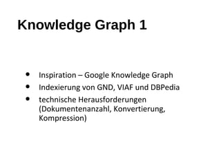 Knowledge Graph 1
• Inspiration – Google Knowledge Graph
• Indexierung von GND, VIAF und DBPedia
• technische Herausforder...