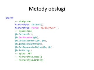 Metody obsługi 
SELECT 
-- statyczne 
hierarchyid::GetRoot(), 
hierarchyid::Parse('/1/2/3/4/5/'), 
-- dynamiczne 
@h.GetLevel(), 
@h.GetAncestor(@n), 
@h.GetDescendant(@m, @n), 
@h.IsDescendantOf(@n), 
@h.GetReparentedValue(@m, @n), 
@h.ToString() 
-- tylko .NET 
-- hierarchyid.Read() 
-- hierarchyid.Write() 
 