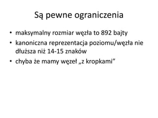 Są pewne ograniczenia 
• maksymalny rozmiar węzła to 892 bajty 
• kanoniczna reprezentacja poziomu/węzła nie 
dłuższa niż 14-15 znaków 
• chyba że mamy węzeł „z kropkami” 
 