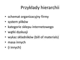 Przykłady hierarchii 
• schemat organizacyjny firmy 
• system plików 
• kategorie sklepu internetowego 
• wątki dyskusji 
• wykaz składników (bill of materials) 
• masa innych 
• (i innych) 
 