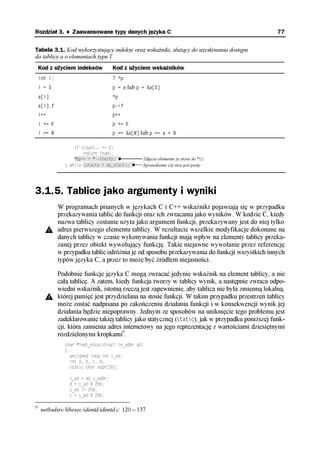 Rozdział 3. ♦ Zaawansowane typy danych języka C                                                  77

Tabela 3.1. Kod wykorzystujący indeksy oraz wskaźniki, służący do uzyskiwania dostępu
do tablicy a o elementach typu T
    Kod z użyciem indeksów           Kod z użyciem wskaźników
    int i;                           T *p
    i = 0                            p = a lub p = &a[0]
    a[i]                             *p
    a[i].f                           p->f
    i++                              p++
    i += K                           p += K
    i == N                           p == &a[N] lub p == a + N

                   if (count-- == 0)
                       return (num);
                   *bp++ = *--stackp;††          Zdjęcie elementu ze stosu do *bp
               } while (stackp > de_stack);††    Sprawdzenie czy stos jest pusty




3.1.5. Tablice jako argumenty i wyniki
             W programach pisanych w językach C i C++ wskaźniki pojawiają się w przypadku
             przekazywania tablic do funkcji oraz ich zwracania jako wyników. W kodzie C, kiedy
             nazwa tablicy zostanie użyta jako argument funkcji, przekazywany jest do niej tylko
             adres pierwszego elementu tablicy. W rezultacie wszelkie modyfikacje dokonane na
             danych tablicy w czasie wykonywania funkcji mają wpływ na elementy tablicy przeka-
             zanej przez obiekt wywołujący funkcję. Takie niejawne wywołanie przez referencję
             w przypadku tablic odróżnia je od sposobu przekazywania do funkcji wszystkich innych
             typów języka C, a przez to może być źródłem niejasności.

             Podobnie funkcje języka C mogą zwracać jedynie wskaźnik na element tablicy, a nie
             całą tablicę. A zatem, kiedy funkcja tworzy w tablicy wynik, a następnie zwraca odpo-
             wiedni wskaźnik, istotną rzeczą jest zapewnienie, aby tablica nie była zmienną lokalną,
             której pamięć jest przydzielana na stosie funkcji. W takim przypadku przestrzeń tablicy
             może zostać nadpisana po zakończeniu działania funkcji i w konsekwencji wynik jej
             działania będzie niepoprawny. Jednym ze sposobów na uniknięcie tego problemu jest
             zadeklarowanie takiej tablicy jako statycznej (static), jak w przypadku poniższej funk-
             cji, która zamienia adres internetowy na jego reprezentację z wartościami dziesiętnymi
             rozdzielonymi kropkami9.
               char *inet_ntoa(struct in_addr ad)
               {
                 unsigned long int s_ad;
                 int a, b, c, d;
                 static char addr[20];

                 s_ad = ad.s_addr;
                 d = s_ad % 256;
                 s_ad /= 256;
                 c = s_ad % 256;

9
     netbsdsrc/libexec/identd/identd.c: 120 – 137.
 