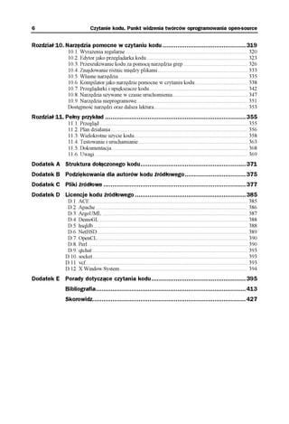 6                              Czytanie kodu. Punkt widzenia twórców oprogramowania open-source


Rozdział 10. Narzędzia pomocne w czytaniu kodu .............................................319
                 10.1. Wyrażenia regularne ...................................................................................... 320
                 10.2. Edytor jako przeglądarka kodu ....................................................................... 323
                 10.3. Przeszukiwanie kodu za pomocą narzędzia grep ............................................. 326
                 10.4. Znajdowanie różnic między plikami ............................................................... 333
                 10.5. Własne narzędzia........................................................................................... 335
                 10.6. Kompilator jako narzędzie pomocne w czytaniu kodu ..................................... 338
                 10.7. Przeglądarki i upiększacze kodu ..................................................................... 342
                 10.8. Narzędzia używane w czasie uruchomienia..................................................... 347
                 10.9. Narzędzia nieprogramowe.............................................................................. 351
                 Dostępność narzędzi oraz dalsza lektura.................................................................. 353
Rozdział 11. Pełny przykład ............................................................................355
                 11.1. Przegląd ........................................................................................................ 355
                 11.2. Plan działania ................................................................................................ 356
                 11.3. Wielokrotne użycie kodu................................................................................ 358
                 11.4. Testowanie i uruchamianie............................................................................. 363
                 11.5. Dokumentacja................................................................................................ 368
                 11.6. Uwagi ........................................................................................................... 369
Dodatek A Struktura dołączonego kodu.........................................................371
Dodatek B Podziękowania dla autorów kodu źródłowego.................................375
Dodatek C Pliki źródłowe .............................................................................377
Dodatek D Licencje kodu źródłowego ............................................................385
                D.1. ACE ............................................................................................................... 385
                D.2. Apache ........................................................................................................... 386
                D.3. ArgoUML ...................................................................................................... 387
                D.4. DemoGL ........................................................................................................ 388
                D.5. hsqldb ............................................................................................................ 388
                D.6. NetBSD.......................................................................................................... 389
                D.7. OpenCL.......................................................................................................... 390
                D.8. Perl ................................................................................................................ 390
                D.9. qtchat ............................................................................................................. 393
               D.10. socket............................................................................................................. 393
               D.11. vcf.................................................................................................................. 393
               D.12. X Window System.......................................................................................... 394
Dodatek E Porady dotyczące czytania kodu...................................................395
               Bibliografia.................................................................................413
               Skorowidz...................................................................................427
 
