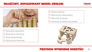  Niższy koszt pozyskania
 Niższy koszt utrzymania
 Niższe koszty obsługi
 Niższe koszty reklamacji
 Wysoka lojalność
 Skłonność do rekomendacji
 Skłonność do zakupu
 Gotowość do dzielenia się wiedzą
WŁAŚCIWY, DOPASOWANY MODEL OBSŁUGI
PRZYNOSI WYMIERNE KORZYŚCI 8
 