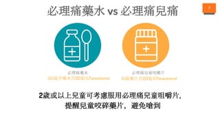 必理痛藥水 vs 必理痛兒痛 7
必理痛藥水
2歲或以上兒童可考慮服用必理痛兒童咀嚼片，
提醒兒童咬碎藥片，避免嗆到
必理痛兒童咀嚼片
每5毫升藥水含120毫克Paracetamol 每錠藥片含120毫克Paracetamol
 