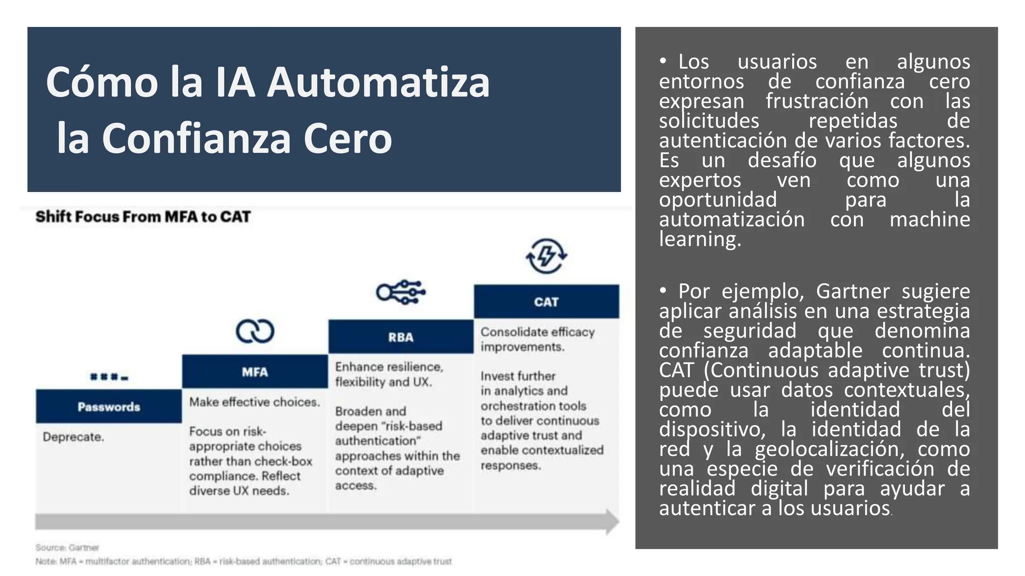 • Los usuarios en algunos
entornos de confianza cero
expresan frustración con las
solicitudes repetidas de
autenticación de varios factores.
Es un desafío que algunos
expertos ven como una
oportunidad para la
automatización con machine
learning.
• Por ejemplo, Gartner sugiere
aplicar análisis en una estrategia
de seguridad que denomina
confianza adaptable continua.
CAT (Continuous adaptive trust)
puede usar datos contextuales,
como la identidad del
dispositivo, la identidad de la
red y la geolocalización, como
una especie de verificación de
realidad digital para ayudar a
autenticar a los usuarios.
Cómo la IA Automatiza
la Confianza Cero
 