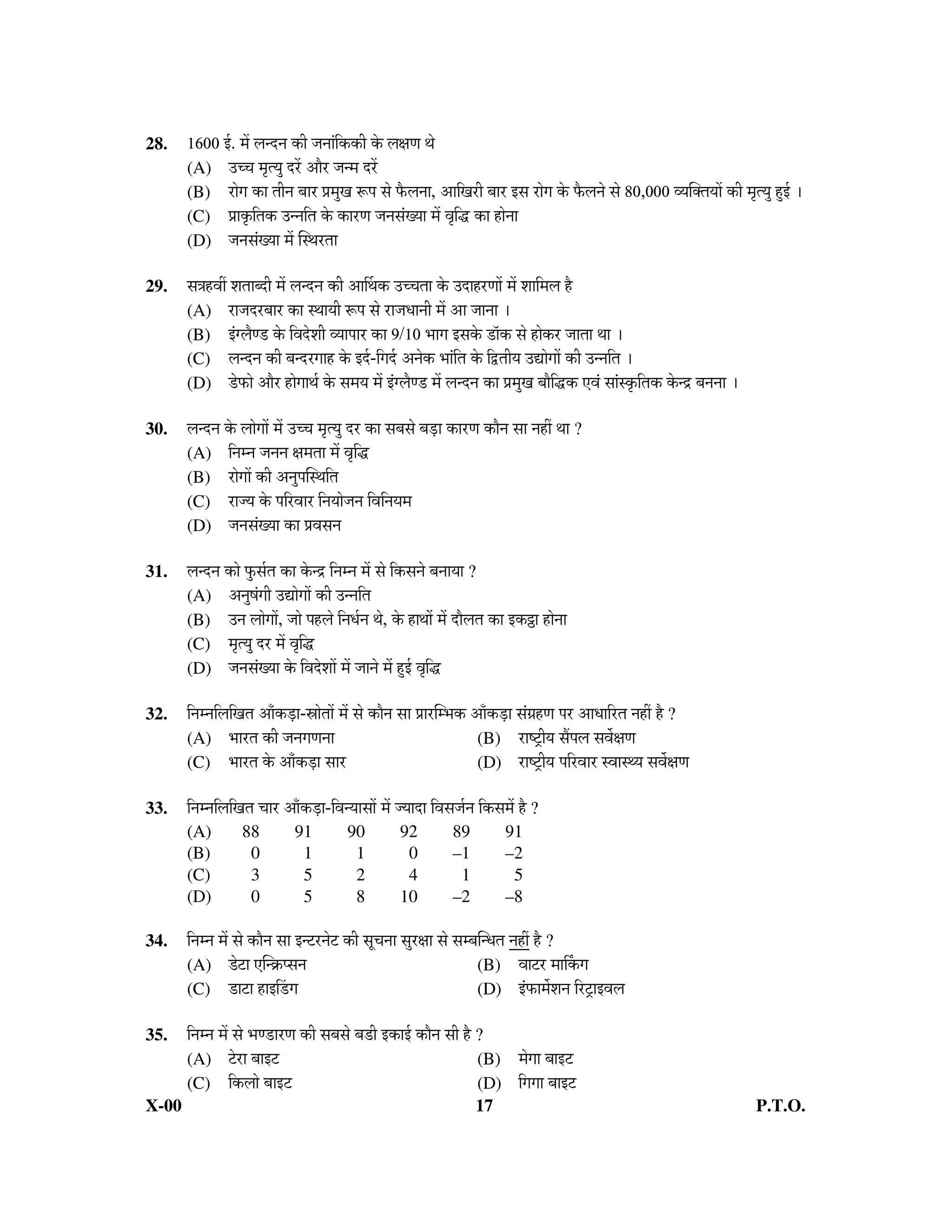 28.    1600 ‡Ô. ´Öë »Ö−¤ü−Ö úß •Ö−ÖÖÓ×úúß êú »ÖÖÖ £Öê
       (A)   ˆ““Ö ´ÖéŸµÖã ¤ü¸ëü †Öî¸ü •Ö−´Ö ¤ü¸ëü
       (B)   ¸üÖêÖ úÖ ŸÖß−Ö ²ÖÖ¸ü ¯ÖÏ´ÖãÖ ºþ¯Ö ÃÖê ±îú»Ö−ÖÖ, †Ö×Ö¸üß ²ÖÖ¸ü ‡ÃÖ ¸üÖêÖ êú ±îú»Ö−Öê ÃÖê 80,000 ¾µÖÛŒŸÖµÖÖë úß ´ÖéŸµÖã Æãü‡Ô …
       (C)   ¯ÖÏÖéú×ŸÖú ˆ−−Ö×ŸÖ êú úÖ¸üÖ •Ö−ÖÃÖÓµÖÖ ´Öë ¾Öé×¨ü úÖ ÆüÖê−ÖÖ
       (D)   •Ö−ÖÃÖÓµÖÖ ´Öë ÛÃ£Ö¸üŸÖÖ

29.    ÃÖ¡ÖÆü¾Öà ¿ÖŸÖÖ²¤üß ´Öë »Ö−¤ü−Ö úß †ÖÙ£Öú ˆ““ÖŸÖÖ êú ˆ¤üÖÆü¸üÖÖë ´Öë ¿ÖÖ×´Ö»Ö Æîü
       (A) ¸üÖ•Ö¤ü¸ü²ÖÖ¸ü úÖ Ã£ÖÖµÖß ºþ¯Ö ÃÖê ¸üÖ•Ö¬ÖÖ−Öß ´Öë †Ö •ÖÖ−ÖÖ …
       (B) ‡Ó»Öî›ü êú ×¾Ö¤êü¿Öß ¾µÖÖ¯ÖÖ¸ü úÖ 9/10 ³ÖÖÖ ‡ÃÖêú ›üÖòú ÃÖê ÆüÖêú¸ü •ÖÖŸÖÖ £ÖÖ …
       (C) »Ö−¤ü−Ö úß ²Ö−¤ü¸üÖÖÆü êú ‡¤Ôü-×Ö¤Ôü †−Öêú ³ÖÖÓ×ŸÖ êú ×«üŸÖßµÖ ˆªÖêÖÖë úß ˆ−−Ö×ŸÖ …
       (D) ›êü±úÖê †Öî¸ü ÆüÖêÖÖ£ÖÔ êú ÃÖ´ÖµÖ ´Öë ‡Ó»Öî›ü ´Öë »Ö−¤ü−Ö úÖ ¯ÖÏ´ÖãÖ ²ÖÖî×¨üú ‹¾ÖÓ ÃÖÖÓÃéú×ŸÖú êú−¦ü ²Ö−Ö−ÖÖ …

30.    »Ö−¤ü−Ö êú »ÖÖêÖÖë ´Öë ˆ““Ö ´ÖéŸµÖã ¤ü¸ü úÖ ÃÖ²ÖÃÖê ²Ö›ÍüÖ úÖ¸üÖ úÖî−Ö ÃÖÖ −ÖÆüà £ÖÖ ?
       (A) ×−Ö´−Ö •Ö−Ö−Ö Ö´ÖŸÖÖ ´Öë ¾Öé×¨ü
       (B) ¸üÖêÖÖë úß †−Öã¯ÖÛÃ£Ö×ŸÖ
       (C) ¸üÖ•µÖ êú ¯Ö×¸ü¾ÖÖ¸ü ×−ÖµÖÖê•Ö−Ö ×¾Ö×−ÖµÖ´Ö
       (D) •Ö−ÖÃÖÓµÖÖ úÖ ¯ÖÏ¾ÖÃÖ−Ö

31.    »Ö−¤ü−Ö úÖê ±ãúÃÖÔŸÖ úÖ êú−¦ü ×−Ö´−Ö ´Öë ÃÖê ×úÃÖ−Öê ²Ö−ÖÖµÖÖ ?
       (A) †−ÖãÂÖÓÖß ˆªÖêÖÖë úß ˆ−−Ö×ŸÖ
       (B) ˆ−Ö »ÖÖêÖÖë, •ÖÖê ¯ÖÆü»Öê ×−Ö¬ÖÔ−Ö £Öê, êú ÆüÖ£ÖÖë ´Öë ¤üÖî»ÖŸÖ úÖ ‡ú½üÖ ÆüÖê−ÖÖ
       (C) ´ÖéŸµÖã ¤ü¸ü ´Öë ¾Öé×¨ü
       (D) •Ö−ÖÃÖÓµÖÖ êú ×¾Ö¤êü¿ÖÖë ´Öë •ÖÖ−Öê ´Öë Æãü‡Ô ¾Öé×¨ü

32.    ×−Ö´−Ö×»Ö×ÖŸÖ †ÖÑú›ÍüÖ-ÄÖÖêŸÖÖë ´Öë ÃÖê úÖî−Ö ÃÖÖ ¯ÖÏÖ¸üÛ´³Öú †ÖÑú›ÍüÖ ÃÖÓÖÏÆüÖ ¯Ö¸ü †Ö¬ÖÖ×¸üŸÖ −ÖÆüà Æîü ?
       (A) ³ÖÖ¸üŸÖ úß •Ö−ÖÖÖ−ÖÖ                                        (B) ¸üÖÂ™ÒüßµÖ ÃÖï¯Ö»Ö ÃÖ¾ÖìÖÖ
       (C) ³ÖÖ¸üŸÖ êú †ÖÑú›ÍüÖ ÃÖÖ¸ü                                    (D) ¸üÖÂ™ÒüßµÖ ¯Ö×¸ü¾ÖÖ¸ü Ã¾ÖÖÃ£µÖ ÃÖ¾ÖìÖÖ

33.    ×−Ö´−Ö×»Ö×ÖŸÖ “ÖÖ¸ü †ÖÑú›ÍüÖ-×¾Ö−µÖÖÃÖÖë ´Öë •µÖÖ¤üÖ ×¾ÖÃÖ•ÖÔ−Ö ×úÃÖ´Öë Æîü ?
       (A)         88           91          90          92          89           91
       (B)          0            1           1           0          –1           –2
       (C)          3            5           2           4           1            5
       (D)          0            5           8          10          –2           –8

34.    ×−Ö´−Ö ´Öë ÃÖê úÖî−Ö ÃÖÖ ‡−™ü¸ü−Öê™ü úß ÃÖæ“Ö−ÖÖ ÃÖã¸üÖÖ ÃÖê ÃÖ´²ÖÛ−¬ÖŸÖ −ÖÆüà Æîü ?
       (A)       ›êü™üÖ ‹Û−Îú¯ÃÖ−Ö                                         (B) ¾ÖÖ™ü¸ü ´ÖÖÚúÖ
       (C)       ›üÖ™üÖ ÆüÖ‡Ø›üÖ                                           (D) ‡Ó±úÖ´Öì¿Ö−Ö ×¸ü™ÒüÖ‡¾Ö»Ö

35.    ×−Ö´−Ö ´Öë ÃÖê ³Ö›üÖ¸üÖ úß ÃÖ²ÖÃÖê ²Ö›üß ‡úÖ‡Ô úÖî−Ö ÃÖß Æîü ?
       (A) ™êü¸üÖ ²ÖÖ‡™ü                                                 (B) ´ÖêÖÖ ²ÖÖ‡™ü
       (C) ×ú»ÖÖê ²ÖÖ‡™ü                                                (D) ×ÖÖÖ ²ÖÖ‡™ü
X-00                                                                      17                                                          P.T.O.
 