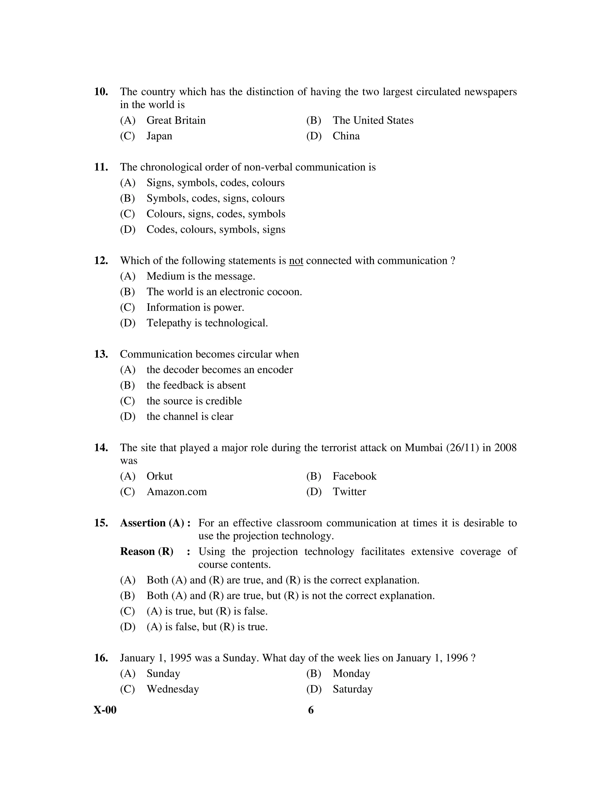 10.    The country which has the distinction of having the two largest circulated newspapers
       in the world is
       (A) Great Britain                       (B) The United States
       (C) Japan                               (D) China

11.    The chronological order of non-verbal communication is
       (A) Signs, symbols, codes, colours
       (B) Symbols, codes, signs, colours
       (C) Colours, signs, codes, symbols
       (D) Codes, colours, symbols, signs

12.    Which of the following statements is not connected with communication ?
       (A) Medium is the message.
       (B) The world is an electronic cocoon.
       (C) Information is power.
       (D) Telepathy is technological.

13.    Communication becomes circular when
       (A) the decoder becomes an encoder
       (B) the feedback is absent
       (C) the source is credible
       (D) the channel is clear

14.    The site that played a major role during the terrorist attack on Mumbai (26/11) in 2008
       was
       (A) Orkut                                 (B) Facebook
       (C) Amazon.com                            (D) Twitter

15.    Assertion (A) : For an effective classroom communication at times it is desirable to
                        use the projection technology.
       Reason (R) : Using the projection technology facilitates extensive coverage of
                        course contents.
       (A) Both (A) and (R) are true, and (R) is the correct explanation.
       (B) Both (A) and (R) are true, but (R) is not the correct explanation.
       (C) (A) is true, but (R) is false.
       (D) (A) is false, but (R) is true.

16.    January 1, 1995 was a Sunday. What day of the week lies on January 1, 1996 ?
       (A) Sunday                            (B) Monday
       (C) Wednesday                         (D) Saturday
X-00                                            6
 