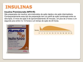 INSULINAS
Insulina Premisturada (NPH+R)
São preparados de insulina, pré-misturados de ação rápida e de ação intermediaria.
Consequentemente esse tipo de preparação tem um perfil de ação combinado entre os
dois tipos. O inicio de ação é de aproximadamente 30 minutos, um pico de 2 horas e um
segundo pico entre 4 e 12 horas e um tempo de ação de 20 horas.
 