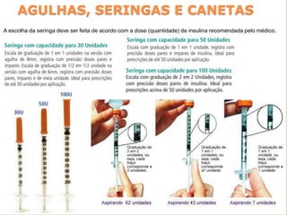 AGULHAS, SERINGAS E CANETAS
A escolha da seringa deve ser feita de acordo com a dose (quantidade) de insulina recomendada pelo médico.
 