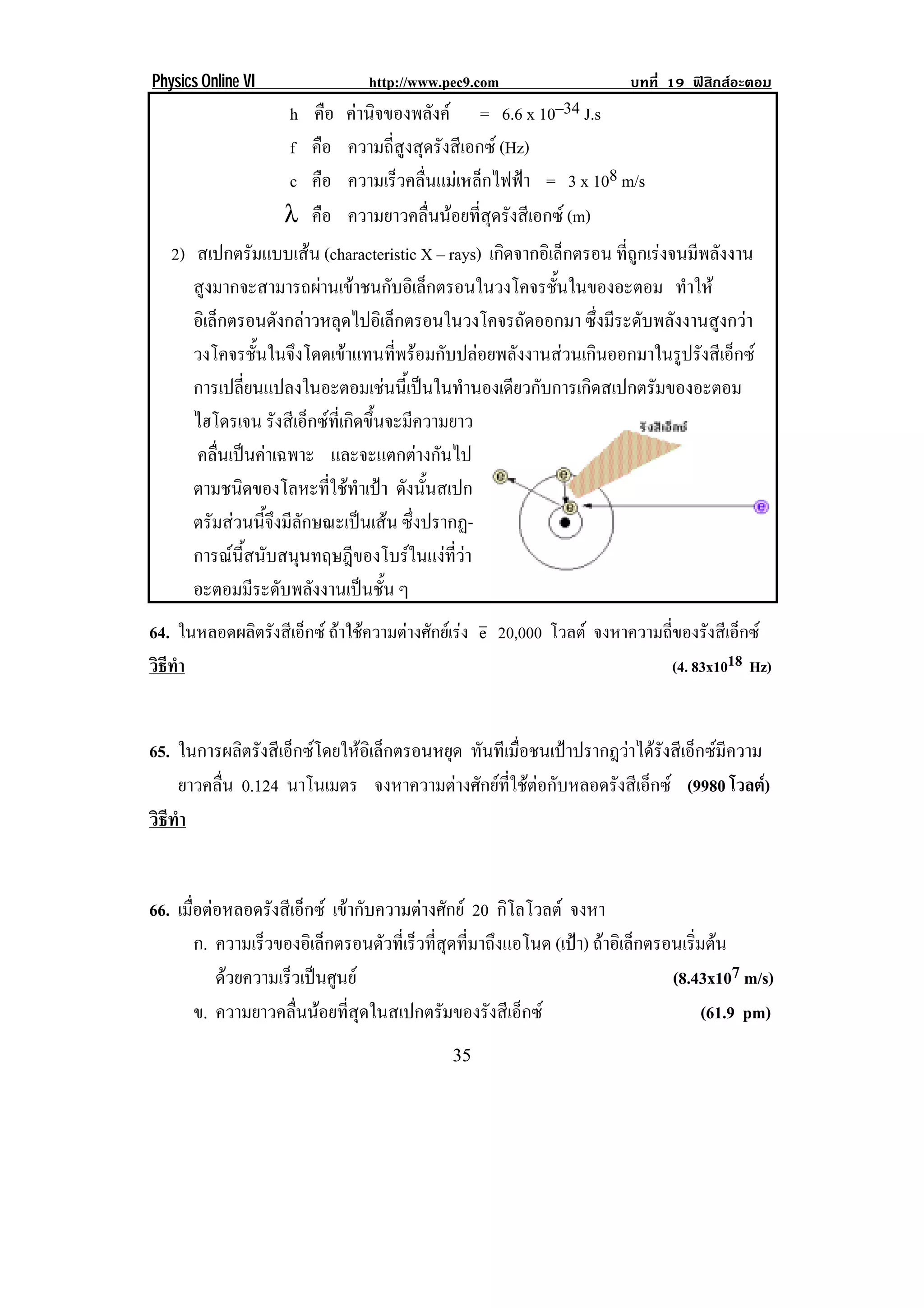 Physics Online VI                http://www.pec9.com                 บทที่ 19 ฟสิกสอะตอม
                    h   คือ   คานิจของพลังค = 6.6 x 10–34 J.s
                    f   คือ   ความถี่สูงสุดรังสีเอกซ (Hz)
                    c   คือ   ความเร็วคลื่นแมเหล็กไฟฟา = 3 x 108 m/s
                    λ   คือ   ความยาวคลื่นนอยที่สุดรังสีเอกซ (m)
    2) สเปกตรัมแบบเสน (characteristic X – rays) เกดจากอเิ ลกตรอน ที่ถูกเรงจนมีพลังงาน
                                                   ิ          ็
       สงมากจะสามารถผานเขาชนกบอเิ ลกตรอนในวงโคจรชนในของอะตอม ทําให
         ู                            ั ็                ้ั
       อิเล็กตรอนดังกลาวหลุดไปอิเล็กตรอนในวงโคจรถัดออกมา ซึ่งมีระดับพลังงานสูงกวา
       วงโคจรชั้นในจึงโดดเขาแทนที่พรอมกับปลอยพลังงานสวนเกินออกมาในรูปรังสีเอ็กซ
       การเปลยนแปลงในอะตอมเชนนเ้ี ปนในทานองเดยวกบการเกดสเปกตรมของอะตอม
               ่ี                             ํ    ี ั        ิ        ั
       ไฮโดรเจน รังสีเอ็กซที่เกิดขึ้นจะมีความยาว
       คลื่นเปนคาเฉพาะ และจะแตกตางกันไป
       ตามชนิดของโลหะที่ใชทําเปา ดังนั้นสเปก
       ตรัมสวนนี้จึงมีลักษณะเปนเสน ซึ่งปรากฏ-
       การณนี้สนับสนุนทฤษฎีของโบรในแงที่วา
       อะตอมมีระดับพลังงานเปนชั้น ๆ
64. ในหลอดผลิตรังสีเอ็กซ ถาใชความตางศักยเรง e 20,000 โวลต จงหาความถี่ของรังสีเอ็กซ
วธทํา
 ิี                                                                       (4. 83x1018 Hz)


65. ในการผลตรงสเี อกซโดยใหอเิ ลกตรอนหยด ทันทีเมื่อชนเปาปรากฎวาไดรังสีเอ็กซมีความ
             ิ ั ็         ็        ุ
    ยาวคลื่น 0.124 นาโนเมตร จงหาความตางศักยที่ใชตอกับหลอดรังสีเอ็กซ (9980 โวลต)
วธทา
 ิี ํ


66. เมือตอหลอดรังสีเอ็กซ เขากับความตางศักย 20 กิโลโวลต จงหา
       ่
         ก. ความเรวของอเิ ลกตรอนตวทเ่ี รวทสดทมาถงแอโนด (เปา) ถาอิเล็กตรอนเริมตน
                  ็        ็        ั ็ ่ี ุ ่ี ึ                           ่
            ดวยความเรวเปนศนย
                    ็  ู                                               (8.43x107 m/s)
         ข. ความยาวคลื่นนอยที่สุดในสเปกตรัมของรังสีเอ็กซ                     (61.9 pm)
!                                            $(!
 