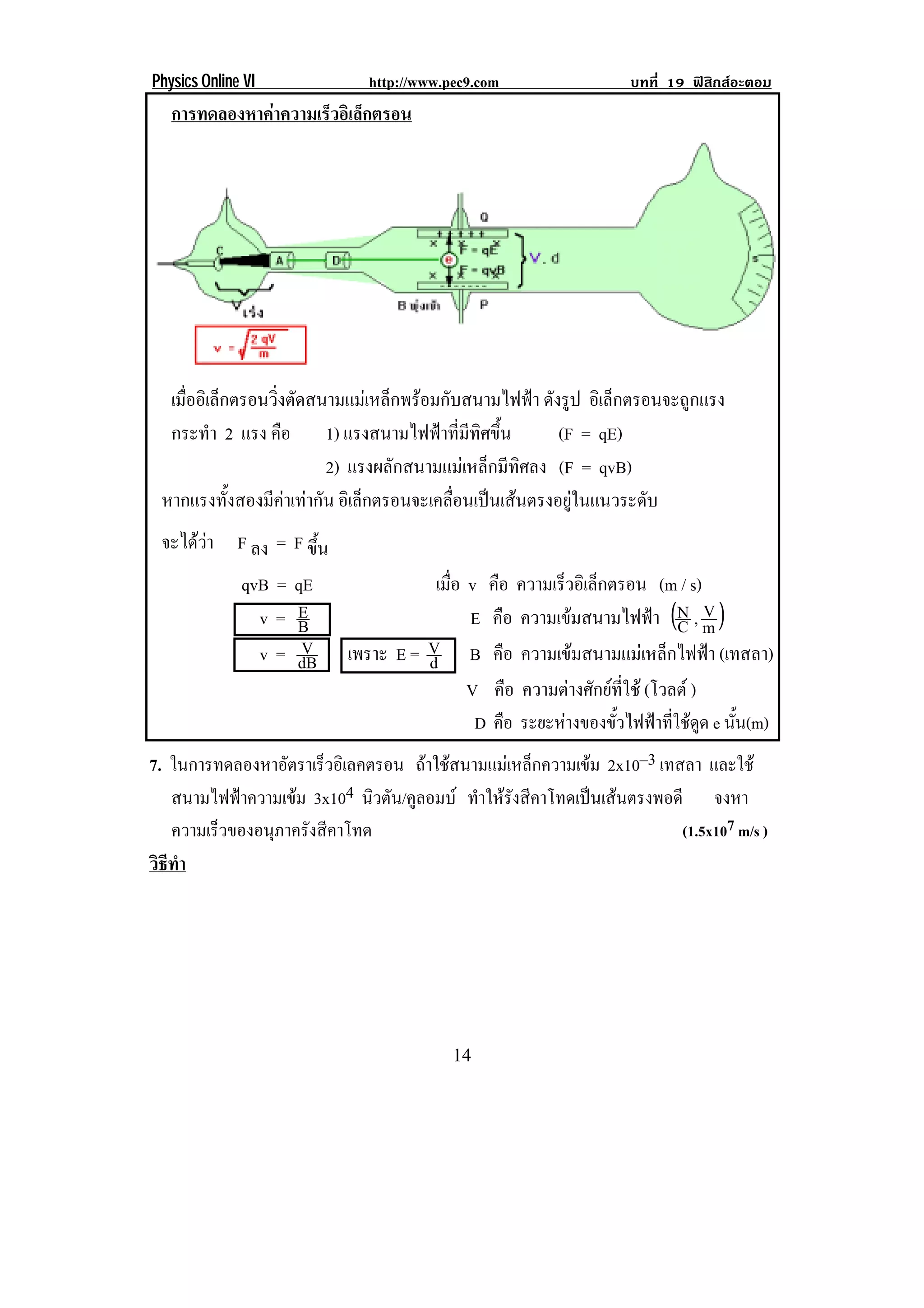 Physics Online VI               http://www.pec9.com                 บทที่ 19 ฟสิกสอะตอม
     การทดลองหาคาความเร็วอิเล็กตรอน!




                                                                                             !

     เมื่ออิเล็กตรอนวิ่งตัดสนามแมเหล็กพรอมกับสนามไฟฟา ดังรูป อิเล็กตรอนจะถูกแรง
     กระทํา 2 แรง คือ 1) แรงสนามไฟฟาที่มีทิศขึ้น           (F = qE)
                             2) แรงผลักสนามแมเหล็กมีทิศลง (F = qvB)
    หากแรงทั้งสองมีคาเทากัน อิเล็กตรอนจะเคลือนเปนเสนตรงอยูในแนวระดับ
                                              ่               
    จะไดวา F ลง =   F ขึ้น
             qvB =    qE              เมือ v คือ ความเร็วอิเล็กตรอน (m / s)
                                         ่
                v=    E
                      B                    E คือ ความเขมสนามไฟฟา (N , m )C
                                                                               V
                v=     V   เพราะ E = V B คือ ความเขมสนามแมเหล็กไฟฟา (เทสลา)
                      dB             d
                                           V คือ ความตางศักยที่ใช (โวลต )
                                            D คอ ระยะหางของขวไฟฟาทใชดด e นน(m)
                                               ื               ้ั      ่ี  ู ้ ั
7. ในการทดลองหาอัตราเร็วอิเลคตรอน ถาใชสนามแมเหล็กความเขม 2x10–3 เทสลา และใช
   สนามไฟฟาความเขม 3x104 นวตน/คลอมบ ทําใหรังสีคาโทดเปนเสนตรงพอดี จงหา
                              ิ ั ู
   ความเรวของอนภาครงสคาโทด
         ็     ุ ั ี                                                        (1.5x107 m/s )
วธทา
 ิี ํ




!                                           "'!
 