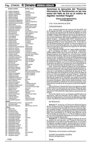 Pág. 276856 NORMAS LEGALES Lima, miércoles 22 de setiembre de 2004
Nombre científico Nombre común
219 Andigena hypoglauca Tucaneta
220 Aratinga erythrogenys loro de frente roja
221 Asthenes urubambensis Canastero
222 Atlapetes rufigenis Chacchara
223 Atlapetes terborghi chacchara de Terborgh
224 Cacicus koepckeae paucar de Koepcke
225 Campephilus guayaquilensis Carpintero
226 Campylopterus villavicensio picaflor de Villavicencio
227 Campylorhamphus pucherani Trepador
228 Capito wallacei barbudo franjiescarlata
229 Conothraupis speculifera tangara blanco y negro
230 Crypturellus transfasciatus perdiz pata colorada
231 Cypseloides rothschildi vencejo
232 Deroptyus accipitrinus loro cacique
233 Falco deiroleucus halcón de pecho naranja
234 Falco peregrinus halcón peregrino
235 Formicarius rufifrons hormiguero
236 Fulica gigantea gallareta gigante
237 Fulica rufifrons gallareta de frente roja
238 Gallinago imperialis becasina imperial
239 Grallaria blackei hormiguero
240 Grallaria eludens hormiguero
241 Grallaricula peruviana tororori peruano
242 Heliodoxa gularis colibrí
243 Hemitriccus cinnamomeipectus atrapamoscas
244 Hemitriccus minimus atrapamoscas
245 Hemitriccus rufigularis atrapamoscas
246 Henicorhina leucoptera cucarachero
247 Herpsilochmus gentryi hormiguero de Gentry
248 Incaspiza watkinsi pájaro del inca de Watkins
249 Laterallus jamaicensis gallinetita negra
250 Leptasthenura yanacensis tijeral
251 Leucopternis plumbea gavilán plomizo
252 Melanopareia maranonica pájaro del Marañón
253 Metallura odomae colibrí de neblina
254 Mitu tuberosa paujil
255 Morphnus guianensis águila monera
256 Myiophobus lintoni mosqueta
257 Myrmoborus melanurus hormiguero
258 Nannopsittaca dachillae perico
259 Oreomanes fraseri pájaro de los queñuales
260 Otus marshalli lechuza de bosques nublados
261 Phaethornis koepckeae picaflor de Koepcke
262 Phlegornis mitchellii chorlito cordillerano
263 Phlogophilus harterti colibrí
264 Phlogophilus hemileucurus colibrí
265 Phoenicopterus chilensis parihuana
266 Pipile cumanensis pava
267 Pipreola chlorolepidota cotinga
268 Podiceps occipitalis zambullidor blanquillo
269 Pteroglossus beauharnaesii tucán encrespado
270 Ramphastos ambiguus tucán Dios te dé pico negro
271 Ramphastos toco tucán toco
272 Saltator cinctus pepitero
273 Simoxenops ucayalae pajarito pico curvo
274 Synalaxis cherriei coliespina
275 Tachycineta stolzmanii golondrina de Tumbes
276 Tangara phillipsi tangara
277 Tinamotis pentlandii francolina
278 Tumbezia salvini tiránido de Tumbes
279 Xenerpestes singularis colagris ecuatorial
Reptiles
280 Callopistes flavipunctatus iguana marrón
281 Microlophus tigris lagartija
282 Paleosuchus trigonatus lagarto enano, dirin dirin
Anfibios
283 Altigius alios rana
284 Bufo spinulosus sapo
285 Centrolene azulae rana
286 Cochranella ocellata rana
287 Colostethus elachyhistus rana
288 Dendrobates fantasticus rana
289 Dendrobates reticulatus rana rojita
290 Epipedobates bassleri rana
291 Epipedobates cainarachi rana
292 Epipedobates parvulus rana
293 Epipedobates petersi rana
294 Epipedobates ruvibentris rana
295 Epipedobates simulans rana
296 Epipedobates smaragdinus rana
297 Epipedobates tricolor rana
298 Epipedobates zaparo rana
299 Gastrotheca excubitor rana marsupial
300 Telmatobius brevirostris rana
301 Telmatobius mayoloi rana
17137
Autorizan la ejecución del "Proyecto
Alternativo de Fertilización en las tres
zonas del Valle de Ica en el cultivo de
Algodón variedad Tangüis"
RESOLUCIÓN MINISTERIAL
Nº 0728-2004-AG
Lima, 16 de setiembre de 2004
CONSIDERANDO:
Que, mediante Decreto de Urgencia Nº 043-2002, del
20 de agosto del 2002, se dispuso por excepción y única
vez, que por las operaciones de venta de algodón en rama
variedad Tangüis efectuadas entre el inicio del ejercicio fis-
cal 2002 y la fecha de vigencia del "Programa de Promo-
ción a la Formalización del Comercio Algodonero de la Va-
riedad Tangüis , Campaña 2001-2002" dispuesto por el
Decreto de Urgencia Nº 005-2002, los agricultores benefi-
ciarios percibirán el valor equivalente a S/. 10.00 (Diez y
00/100 Nuevos Soles) por quintal, en insumos agrarios y/o
servicios de maquinaria agrícola, con cargo al monto pre-
visto en el articulo 2º del Decreto de Urgencia Nº 005-2002
y sin exceder del mismo;
Que, mediante el Oficio Nº 321-2004-GORE-ICA/DRA-
I, del 11 de febrero del 2004, y el Oficio Nº 1325-2004-
GORE-DRAG-I/DPA, del 4 de junio del 2004, la Dirección
Regional Agraria de la Región Ica, comunica que a pesar
de reiterados llamados, algunos de los agricultores benefi-
ciarios no han cumplido con retirar los fertilizantes que les
corresponden, existiendo como saldos a la fecha 23.15 TM
de Urea Agrícola, 35.45 TM de Fosfato Diamónico y 15 TM
de Sulfato de Potasio, que se encuentran depositadas en
el almacén de Misti S.A, empresa que viene requiriendo el
retiro de los fertilizantes del almacén de su propiedad;
Que, la Dirección Regional Agraria de Ica ha agotado
todos los plazos para que los agricultores beneficiarios re-
tiren dicho producto, los cuales vienen deteriorándose; en
vista de lo cual plantea la posibilidad de ejecutar el "Pro-
yecto Alternativo de Fertilización en tres zonas del Valle de
Ica en el cultivo de Algodón variedad Tangüis", utilizando
los saldos de fertilizantes derivados de la aplicación del
Decreto de Urgencia Nº 043-2002, los cuales al no haber
sido retirados por los agricultores beneficiarios dentro de
los plazos otorgados, estos vienen deteriorándose; resul-
tando procedente su utilización en la forma propuesta, pues
redundará en beneficio de los propios productores algodo-
neros;
Que la Dirección General de Promoción Agraria ha dado
conformidad a la propuesta de la Dirección Regional Agra-
ria Ica; por lo que en aplicación del artículo 6º del Decreto
Supremo Nº 033-2004-AG, debe darse la autorización res-
pectiva;
De conformidad con la Ley Orgánica del Ministerio de
Agricultura, dada por Decreto Ley Nº 25902 y el Regla-
mento de Organización y Funciones del Ministerio de Agri-
cultura, aprobado por Decreto Supremo Nº 017-2001-AG;
SE RESUELVE:
Artículo 1º.- Autorizar a la Dirección Regional Agraria
de Ica, la ejecución del "Proyecto Alternativo de Fertiliza-
ción en las tres zonas del Valle de Ica en el cultivo de Algo-
dón variedad Tangüis", utilizando los saldos de fertilizantes
derivados de la aplicación del Decreto de Urgencia Nº 043-
2002, que comprende 23.15 TM de Urea Agrícola, 35.45
TM de Fosfato de Diamónico y 15 TM de Sulfato de Pota-
sio, por los fundamentos expuestos en la parte considera-
tiva de la presente Resolución.
Artículo 2º.- La Dirección Regional Agraria de Ica en
su calidad de ente ejecutor, del "Proyecto Alternativo de
Fertilización en las tres zonas del Valle de Ica, en el cultivo
de Algodón variedad Tangüis", deberá informar a la Direc-
ción General de Promoción Agraria del Ministerio de Agri-
cultura, sobre la utilización de los saldos de fertilizantes en
beneficio de los productores algodoneros.
Regístrese, comuníquese y publíquese.
ÁLVARO QUIJANDRÍA SALMÓN
Ministro de Agricultura
17119
 