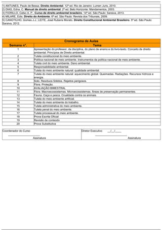 1) ANTUNES, Paulo de Bessa. Direito Ambiental. 12ª ed. Rio de Janeiro: Lumen Juris, 2010.
2) DIAS, Edna. C. Manual de direito ambiental. 2ª ed. Belo Horizonte: Mandamentos, 2003.
3) FIORILLO, Celso A. P.. Curso de direito ambiental brasileiro. 14ª ed. São Paulo: Saraiva, 2013.
4) MILARE, Edis. Direito do Ambiente. 6ª ed. São Paulo: Revista dos Tribunais, 2009.
5) CANOTILHO, Gomes J.J.; LEITE, José Rubens Morato. Direito Constitucional Ambiental Brasileiro. 5ª ed. São Paulo:
Saraiva, 2012.

Cronograma de Aulas
Tema

Semana n°.
1
2
3
4
5
6
7
8
9
10
11
12
13
14
15
16
17
18
19
20

Apresentação do professor, da disciplina, do plano de ensino e do livro-texto. Conceito de direito
ambiental. Princípios de Direito ambiental.
Tutela constitucional do meio ambiente.
Política nacional de meio ambiente. Instrumentos da política nacional de meio ambiente.
Tutela civil do meio ambiente. Dano ambiental.
Responsabilidade ambiental.
Tutela do meio ambiente natural: qualidade ambiental.
Tutela do meio ambiente natural: aquecimento global. Queimadas. Radiações. Recursos hídricos e
energia.
Solo. Resíduos Sólidos. Rejeitos perigosos.
Flora. Proteção.
AVALIAÇÃO BIMESTRAL
Flora. Macroecossistemas. Microecossistemas. Áreas de preservação permanentes.
Fauna. Caça e pesca. Crueldade contra os animais.
Tutela do meio ambiente artificial.
Tutela do meio ambiente do trabalho.
Tutela administrativa do meio ambiente.
Tutela penal do meio ambiente.
Tutela processual do meio ambiente.
Prova Escrita Oficial
Revisão de conteúdo
Prova Substitutiva

Coordenador do Curso
_____________________
Assinatura

Diretor Executivo
__/__/____
_____________________
Assinatura

 
