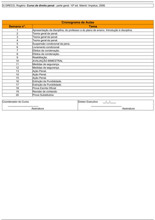 5) GRECO, Rogério. Curso de direito penal : parte geral. 10ª ed. Niterói: Impetus, 2008.

Cronograma de Aulas
Tema

Semana n°.
1
2
3
4
5
6
7
8
9
10
11
12
13
14
15
16
17
18
19
20

Apresentação da disciplina, do professor e do plano de ensino. Introdução à disciplina.
Teoria geral da penal.
Teoria geral da penal.
Teoria geral da penal.
Suspensão condicional da pena.
Livramento condicional.
Efeitos da condenação.
Efeitos da condenação.
Reabilitação.
AVALIAÇÃO BIMESTRAL
Medidas de segurança.
Medidas de segurança.
Ação Penal.
Ação Penal.
Ação Penal.
Extinção da Punibilidade.
Extinção da Punibilidade.
Prova Escrita Oficial
Revisão de conteúdo
Prova Substitutiva

Coordenador do Curso
_____________________
Assinatura

Diretor Executivo
__/__/____
_____________________
Assinatura

 
