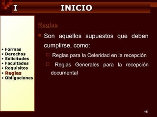 I

INICIO
Reglas


•
•
•
•
•
•
•

Formas
Derechos
Solicitudes
Facultades
Requisitos

Reglas

Obligaciones

Son aquellos supuestos que deben
cumplirse, como:



Reglas para la Celeridad en la recepción
Reglas Generales para la recepción
documental

15

 