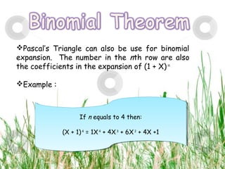 Pascal’s Triangle can also be use for binomial
expansion. The number in the nth row are also
the coefficients in the expansion of (1 + X) n
Example :
If n equals to 4 then:
(X + 1)4
= 1X4
+ 4X3
+ 6X2
+ 4X +1
If n equals to 4 then:
(X + 1)4
= 1X4
+ 4X3
+ 6X2
+ 4X +1
 