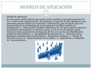 MODELO DE APLICACIÓN
 Modelo de aplicación
 En este punto, podría decirse que existen tantos modelos como intervenciones de
D.0. se dan en las organizaciones. Sin embargo, la mayoría de ellos obedecen a una
estructura general similar a la mostrada a continuación, que en mucho sigue los
lineamientos de la metodología de la investigación científica (modelo de
planificación): 1.-Disonancia2.-Posibles alternativas:a). No hacer nada.b). Resolver
el problema internamente.c). Solicitar ayuda. 3.-En el caso de solicitar ayuda
externa se inicia propiamente el programa de D.0 con una fase de identificación
preliminar del problema. 4.- Recopilación de información. 5.- Discusión de los
hallazgos con laspersonas involucradas 6.- Diagnóstico conjunto. 7.- Diseño de
planes de acción. 8.- Implementación de los planes. 9.- Seguimiento y evaluación.
10.- Documentación
 
