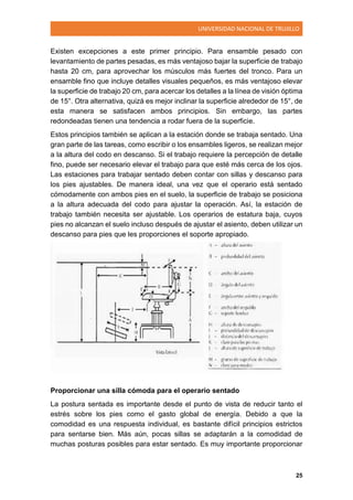 UNIVERSIDAD NACIONAL DE TRUJILLO
25
Existen excepciones a este primer principio. Para ensamble pesado con
levantamiento de partes pesadas, es más ventajoso bajar la superficie de trabajo
hasta 20 cm, para aprovechar los músculos más fuertes del tronco. Para un
ensamble fino que incluye detalles visuales pequeños, es más ventajoso elevar
la superficie de trabajo 20 cm, para acercar los detalles a la línea de visión óptima
de 15°. Otra alternativa, quizá es mejor inclinar la superficie alrededor de 15°, de
esta manera se satisfacen ambos principios. Sin embargo, las partes
redondeadas tienen una tendencia a rodar fuera de la superficie.
Estos principios también se aplican a la estación donde se trabaja sentado. Una
gran parte de las tareas, como escribir o los ensambles ligeros, se realizan mejor
a la altura del codo en descanso. Si el trabajo requiere la percepción de detalle
fino, puede ser necesario elevar el trabajo para que esté más cerca de los ojos.
Las estaciones para trabajar sentado deben contar con sillas y descanso para
los pies ajustables. De manera ideal, una vez que el operario está sentado
cómodamente con ambos pies en el suelo, la superficie de trabajo se posiciona
a la altura adecuada del codo para ajustar la operación. Así, la estación de
trabajo también necesita ser ajustable. Los operarios de estatura baja, cuyos
pies no alcanzan el suelo incluso después de ajustar el asiento, deben utilizar un
descanso para pies que les proporciones el soporte apropiado.
Proporcionar una silla cómoda para el operario sentado
La postura sentada es importante desde el punto de vista de reducir tanto el
estrés sobre los pies como el gasto global de energía. Debido a que la
comodidad es una respuesta individual, es bastante difícil principios estrictos
para sentarse bien. Más aún, pocas sillas se adaptarán a la comodidad de
muchas posturas posibles para estar sentado. Es muy importante proporcionar
 