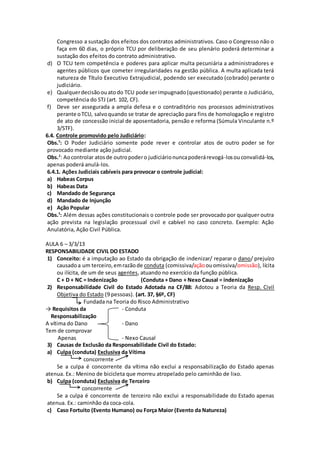 Congresso a sustação dos efeitos dos contratos administrativos. Caso o Congresso não o 
faça em 60 dias, o próprio TCU por deliberação de seu plenário poderá determinar a 
sustação dos efeitos do contrato administrativo. 
d) O TCU tem competência e poderes para aplicar multa pecuniária a administradores e 
agentes públicos que cometer irregularidades na gestão pública. A multa aplicada terá 
natureza de Título Executivo Extrajudicial, podendo ser executado (cobrado) perante o 
judiciário. 
e) Qualquer decisão ou ato do TCU pode ser impugnado (questionado) perante o Judiciário, 
competência do STJ (art. 102, CF). 
f) Deve ser assegurada a ampla defesa e o contraditório nos processos administrativos 
perante o TCU, salvo quando se tratar de apreciação para fins de homologação e registro 
de ato de concessão inicial de aposentadoria, pensão e reforma (Súmula Vinculante n.º 
3/STF). 
6.4. Controle promovido pelo Judiciário: 
Obs.¹: O Poder Judiciário somente pode rever e controlar atos de outro poder se for 
provocado mediante ação judicial. 
Obs.²: Ao controlar atos de outro poder o judiciário nunca poderá revogá-los ou convalidá-los, 
apenas poderá anulá-los. 
6.4.1. Ações Judiciais cabíveis para provocar o controle judicial: 
a) Habeas Corpus 
b) Habeas Data 
c) Mandado de Segurança 
d) Mandado de Injunção 
e) Ação Popular 
Obs.¹: Além dessas ações constitucionais o controle pode ser provocado por qualquer outra 
ação prevista na legislação processual civil e cabível no caso concreto. Exemplo: Ação 
Anulatória, Ação Civil Pública. 
AULA 6 – 3/3/13 
RESPONSABILIDADE CIVIL DO ESTADO 
1) Conceito: é a imputação ao Estado da obrigação de indenizar/ reparar o dano/ prejuízo 
causado a um terceiro, em razão de conduta (comissiva/ação ou omissiva/omissão), lícita 
ou ilícita, de um de seus agentes, atuando no exercício da função pública. 
C + D + NC = Indenização (Conduta + Dano + Nexo Causal = indenização 
2) Responsabilidade Civil do Estado Adotada na CF/88: Adotou a Teoria da Resp. Civil 
Objetiva do Estado (9 pessoas). (art. 37, §6º, CF) 
Fundada na Teoria do Risco Administrativo 
→ Requisitos da - Conduta 
Responsabilização 
A vítima do Dano - Dano 
Tem de comprovar 
Apenas - Nexo Causal 
3) Causas de Exclusão da Responsabilidade Civil do Estado: 
a) Culpa (conduta) Exclusiva da Vítima 
concorrente 
Se a culpa é concorrente da vítima não exclui a responsabilização do Estado apenas 
atenua. Ex.: Menino de bicicleta que morreu atropelado pelo caminhão de lixo. 
b) Culpa (conduta) Exclusiva de Terceiro 
concorrente 
Se a culpa é concorrente de terceiro não exclui a responsabilidade do Estado apenas 
atenua. Ex.: caminhão da coca-cola. 
c) Caso Fortuito (Evento Humano) ou Força Maior (Evento da Natureza) 
 