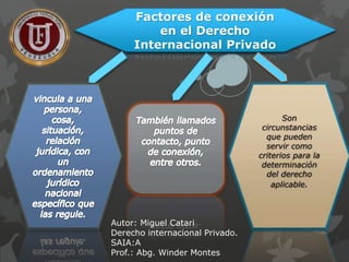 Factores de conexión 
en el Derecho 
Internacional Privado 
Autor: Miguel Catari 
Derecho internacional Privado. 
SAIA:A 
Prof.: Abg. Winder Montes 
 