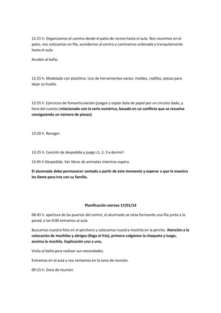 12:15 h. Organizamos el camino desde el patio de recreo hasta el aula. Nos reunimos en el 
patio, nos colocamos en fila, accedemos al centro y caminamos ordenada y tranquilamente 
hasta el aula. 
Acuden al baño. 
12:25 h. Modelado con plastilina. Uso de herramientas varias: moldes, rodillos, piezas para 
dejar su huella. 
12:55 h. Ejercicios de fonoarticulación (juegos y soplar bola de papel por un circuito dado, y 
hora del cuento (relacionado con la serie numérica, basado en un conflicto que se resuelve 
consiguiendo un número de piezas). 
13:20 h. Recoger. 
13:25 h. Canción de despedida y juego ¡1, 2, 3 a dormir! 
13:45 h Despedida. Ver libros de animales mientras espera. 
El alumnado debe permanecer sentado a partir de este momento y esperar a que la maestra 
les llame para irse con su familia. 
Planificación viernes 17/01/14 
08:45 h. apertura de las puertas del centro, el alumnado se sitúa formando una fila junto a la 
pared, a las 9:00 entramos al aula. 
Buscamos nuestra foto en el perchero y colocamos nuestra mochila en la percha. Atención a la 
colocación de mochilas y abrigos (llega el frío), primero colgamos la chaqueta y luego, 
encima la mochila. Explicación uno a uno. 
Visita al baño para realizar sus necesidades. 
Entramos en el aula y nos sentamos en la zona de reunión. 
09:15 h. Zona de reunión. 
 