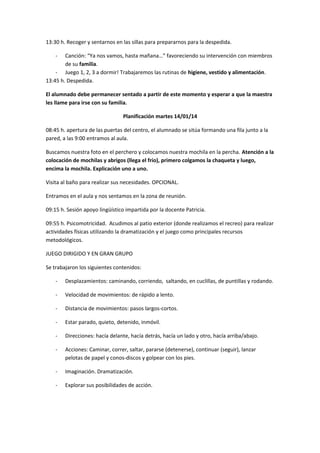 13:30 h. Recoger y sentarnos en las sillas para prepararnos para la despedida. 
- Canción: “Ya nos vamos, hasta mañana…” favoreciendo su intervención con miembros 
de su familia. 
- Juego 1, 2, 3 a dormir! Trabajaremos las rutinas de higiene, vestido y alimentación. 
13:45 h. Despedida. 
El alumnado debe permanecer sentado a partir de este momento y esperar a que la maestra 
les llame para irse con su familia. 
Planificación martes 14/01/14 
08:45 h. apertura de las puertas del centro, el alumnado se sitúa formando una fila junto a la 
pared, a las 9:00 entramos al aula. 
Buscamos nuestra foto en el perchero y colocamos nuestra mochila en la percha. Atención a la 
colocación de mochilas y abrigos (llega el frío), primero colgamos la chaqueta y luego, 
encima la mochila. Explicación uno a uno. 
Visita al baño para realizar sus necesidades. OPCIONAL. 
Entramos en el aula y nos sentamos en la zona de reunión. 
09:15 h. Sesión apoyo lingüístico impartida por la docente Patricia. 
09:55 h. Psicomotricidad. Acudimos al patio exterior (donde realizamos el recreo) para realizar 
actividades físicas utilizando la dramatización y el juego como principales recursos 
metodológicos. 
JUEGO DIRIGIDO Y EN GRAN GRUPO 
Se trabajaron los siguientes contenidos: 
- Desplazamientos: caminando, corriendo, saltando, en cuclillas, de puntillas y rodando. 
- Velocidad de movimientos: de rápido a lento. 
- Distancia de movimientos: pasos largos-cortos. 
- Estar parado, quieto, detenido, inmóvil. 
- Direcciones: hacía delante, hacía detrás, hacía un lado y otro, hacía arriba/abajo. 
- Acciones: Caminar, correr, saltar, pararse (detenerse), continuar (seguir), lanzar 
pelotas de papel y conos-discos y golpear con los pies. 
- Imaginación. Dramatización. 
- Explorar sus posibilidades de acción. 
 
