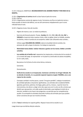 11:15 h. Desayuno. MANTELES. RECONOCIMIENTO DEL NOMBRE PROPIO Y POR ENDE DE SU 
MANTEL. 
11:35 h. Organizamos el camino desde la clase hasta el patio de recreo. 
11:45 h. Recreo. 
12:15 h. Organizamos camino de regreso al aula. Formamos una fila en el patio de recreo y 
hasta acceder al interior del edificio, una vez allí caminamos relajadamente y por la zona 
indicada hasta el aula. 
12:25 h. Regreso al aula. Zona de reunión. 
- Higiene de manos y cara. Lo realiza la profesora. 
- Ejercicios de fonoarticulación. Praxias. Sonidos /S/, /C/, /RR/, /D/, /F/, /L/, /M/ y 
VOCALES a través de imitar masticar chicle, inflar un globo, lamer un helado, enseñar 
los dientes, imitar el sonido de una serpiente, hablar solo utilizando estos sonidos… 
Utilizar juego VOLUMEN DEL SONIDO, abarca la dualidad silencio-sonido y los 
procesos de subir y bajar el volumen. Se trabaja la respiración. 
- Motricidad manos-dedos: realizar máscaras y gestos con las manos. Doblar y enrollar 
cartulina. 
- Los vestidos de la familia real: repasamos las mayúsculas y minúsculas de las vocales A 
y U a través del juego. Se representan en la pizarra y construido con piezas encajables, 
la reí U salta, baila… 
Buscamos el reí U/reina A entre otras letras y números. 
Canciones. 
Dramatización. 
Grafía de las vocales U y A mayúsculas. Comenzar y terminar en el lugar indicado. No 
se atiende al tamaño, ni a su posición espacial respecto al papel. PIZARRA, uno a uno 
repasa las dos vocales. 
- Concepto cantidad: muchos-pocos, cuento “Una gran pandilla”, trabaja el vocabulario 
de cantidad aplicado a situaciones significativas. Los animales de la ciudad de Melilla 
(gaviotas, gorriones, palomas, hormigas, gatos, perros, moscas…) querían tocar los 
instrumentos y les dieron a elegir entre dos cajas (una con 2 y otra con 8), y tenían que 
decidir que caja querían, se le pide ayuda al alumnado y que explique la razón de su 
elección, también se les hacen más preguntas y se permite que los compañeros/as 
ayuden. Se acompaña la actividad colocando muñecos de animales para que puedan 
tomar conciencia de que son muchos animales. 
12:55 h. Tarea 1 individual en soporte gráfico. Repasar trazos de las vocales U y A. 
Luego tienen que escribirlas ellos/as solos/as. 
 