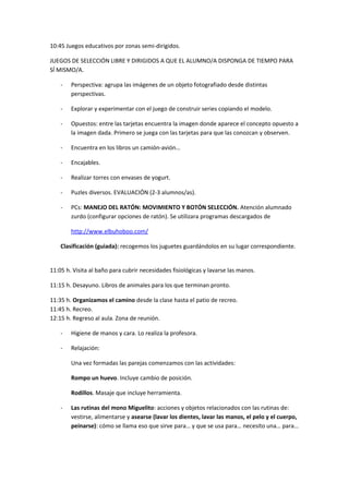 10:45 Juegos educativos por zonas semi-dirigidos. 
JUEGOS DE SELECCIÓN LIBRE Y DIRIGIDOS A QUE EL ALUMNO/A DISPONGA DE TIEMPO PARA 
SÍ MISMO/A. 
- Perspectiva: agrupa las imágenes de un objeto fotografiado desde distintas 
perspectivas. 
- Explorar y experimentar con el juego de construir series copiando el modelo. 
- Opuestos: entre las tarjetas encuentra la imagen donde aparece el concepto opuesto a 
la imagen dada. Primero se juega con las tarjetas para que las conozcan y observen. 
- Encuentra en los libros un camión-avión… 
- Encajables. 
- Realizar torres con envases de yogurt. 
- Puzles diversos. EVALUACIÓN (2-3 alumnos/as). 
- PCs: MANEJO DEL RATÓN: MOVIMIENTO Y BOTÓN SELECCIÓN. Atención alumnado 
zurdo (configurar opciones de ratón). Se utilizara programas descargados de 
http://www.elbuhoboo.com/ 
Clasificación (guiada): recogemos los juguetes guardándolos en su lugar correspondiente. 
11:05 h. Visita al baño para cubrir necesidades fisiológicas y lavarse las manos. 
11:15 h. Desayuno. Libros de animales para los que terminan pronto. 
11:35 h. Organizamos el camino desde la clase hasta el patio de recreo. 
11:45 h. Recreo. 
12:15 h. Regreso al aula. Zona de reunión. 
- Higiene de manos y cara. Lo realiza la profesora. 
- Relajación: 
Una vez formadas las parejas comenzamos con las actividades: 
Rompo un huevo. Incluye cambio de posición. 
Rodillos. Masaje que incluye herramienta. 
- Las rutinas del mono Miguelito: acciones y objetos relacionados con las rutinas de: 
vestirse, alimentarse y asearse (lavar los dientes, lavar las manos, el pelo y el cuerpo, 
peinarse): cómo se llama eso que sirve para… y que se usa para… necesito una… para… 
 