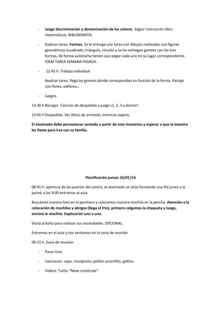 - Juego discriminación y denominación de los colores. Seguir instrucción libro 
matemáticas. BIBLIOGRAFÍA. 
- Explicar tarea: Formas. Se le entrega una tarea con dibujos realizados con figuras 
geométricas (cuadrado, triángulo, círculo) y se les entregan gomets con las tres 
formas, de forma autónoma tienen que pegar cada uno en su lugar correspondiente. 
IDEM TAREA SEMANA PASADA. 
- 12:45 h. Trabajo individual. 
Realizar tarea. Pega los gomets donde correspondan en función de la forma. Paisaje 
con flores, edificios… 
- Juegos. 
13:30 h Recoger. Canción de despedida y juego ¡1, 2, 3 a dormir! 
13:45 h Despedida. Ver libros de animales mientras espera. 
El alumnado debe permanecer sentado a partir de este momento y esperar a que la maestra 
les llame para irse con su familia. 
Planificación jueves 16/01/14 
08:45 h. apertura de las puertas del centro, el alumnado se sitúa formando una fila junto a la 
pared, a las 9:00 entramos al aula. 
Buscamos nuestra foto en el perchero y colocamos nuestra mochila en la percha. Atención a la 
colocación de mochilas y abrigos (llega el frío), primero colgamos la chaqueta y luego, 
encima la mochila. Explicación uno a uno. 
Visita al baño para realizar sus necesidades. OPCIONAL. 
Entramos en el aula y nos sentamos en la zona de reunión. 
09:15 h. Zona de reunión. 
- Pasar lista. 
- Canciones: sapo, mariposita, pollito amarillito, gallina. 
- Videos: Tutitu “Nave construye”. 
 