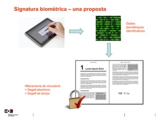 Signatura biomètrica – una proposta
Dades
biomètriques
identificatives
•Mecanisme de vinculació
+ Segell electrònic
+ Segell de temps
 