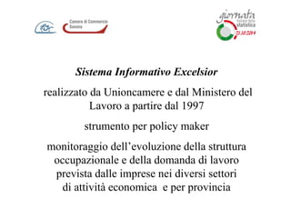 Sistema Informativo Excelsior
realizzato da Unioncamere e dal Ministero del
Lavoro a partire dal 1997
strumento per policy maker
monitoraggio dell’evoluzione della struttura
occupazionale e della domanda di lavoro
prevista dalle imprese nei diversi settori
di attività economica e per provincia
 