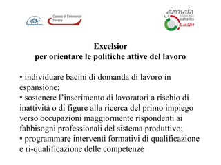 Excelsior
per orientare le politiche attive del lavoro
• individuare bacini di domanda di lavoro in
espansione;
• sostenere l’inserimento di lavoratori a rischio di
inattività o di figure alla ricerca del primo impiego
verso occupazioni maggiormente rispondenti ai
fabbisogni professionali del sistema produttivo;
• programmare interventi formativi di qualificazione
e ri-qualificazione delle competenze
 