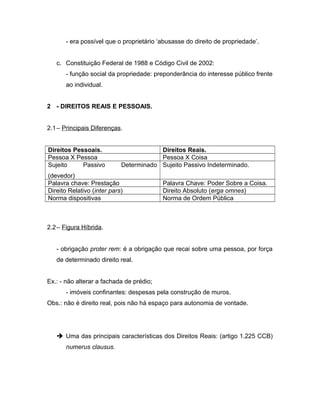 - era possível que o proprietário ‘abusasse do direito de propriedade’.
c. Constituição Federal de 1988 e Código Civil de 2002:
- função social da propriedade: preponderância do interesse público frente
ao individual.
2 - DIREITOS REAIS E PESSOAIS.
2.1– Principais Diferenças.
Direitos Pessoais. Direitos Reais.
Pessoa X Pessoa Pessoa X Coisa
Sujeito Passivo Determinado
(devedor)
Sujeito Passivo Indeterminado.
Palavra chave: Prestação Palavra Chave: Poder Sobre a Coisa.
Direito Relativo (inter pars) Direito Absoluto (erga omnes)
Norma dispositivas Norma de Ordem Pública
2.2– Figura Híbrida.
- obrigação proter rem: é a obrigação que recai sobre uma pessoa, por força
de determinado direito real.
Ex.: - não alterar a fachada de prédio;
- imóveis confinantes: despesas pela construção de muros.
Obs.: não é direito real, pois não há espaço para autonomia de vontade.
 Uma das principais características dos Direitos Reais: (artigo 1.225 CCB)
numerus clausus.
 