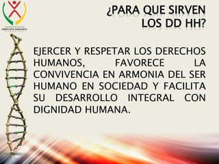 ¿PARA QUE SIRVEN
LOS DD HH?
EJERCER Y RESPETAR LOS DERECHOS
HUMANOS, FAVORECE LA
CONVIVENCIA EN ARMONIA DEL SER
HUMANO EN SOCIEDAD Y FACILITA
SU DESARROLLO INTEGRAL CON
DIGNIDAD HUMANA.
 