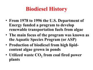 Biodiesel History
• From 1978 to 1996 the U.S. Department of
Energy funded a program to develop
renewable transportation fuels from algae
• The main focus of the program was known as
the Aquatic Species Program (or ASP)
• Production of biodiesel from high lipid-
content algae grown in ponds
• Utilized waste CO2 from coal fired power
plants
 