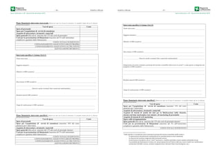 Serie Ordinaria n. 49 - Venerdì 04 dicembre 2015
– 66 – Bollettino Ufﬁciale
Piano finanziario intervento trasversale (Indicare per ogni voce di spesa le motivazioni e le specifiche ritenute utili per la chiarezza
dell'intervento presentato)
Voci di spesa Costo
Spese di personale
Spese per l’acquisizione di servizi di consulenza
Acquisto di attrezzature, strumenti e materiali
Spese generali (fino ad un massimo del 15% dei costi di personale)
Costi per la presentazione di fidejussioni (massimo del 2% dell’ammontare
complessivo garantito dalle fideiussioni)
COSTO TOTALE INTERVENTO
COFINANZIAMENTO AGGIUNTIVO (MEZZI PROPRI)
COFINANZIAMENTO AGGIUNTIVO (ALTRE FONTI)
AGEVOLAZIONE RICHIESTA
Intervento specifico 1 (Azione 3.b.2.1)
Titolo intervento:_________________________________________________________________________________
Soggetto attuatore:_______________________________________________________________________________
Obiettivi (4.000 caratteri):________________________________________________________________________
______________________________________________________________________________________________
Descrizione (4.000 caratteri):______________________________________________________________________
_______________________________________________________________________________________________
__________________ (Inserire anche eventuali link a materiale multimediale)_______________________________
Risultati attesi(4.000 caratteri): ____________________________________________________________________
_______________________________________________________________________________________________
Tempi di realizzazione (4.000 caratteri): ___________________________________________________________
____________________________________________________________________________________________
Piano finanziario intervento specifico1 (Indicare per ogni voce di spesa le motivazioni e le specifiche ritenute utili per la chiarezza
dell'intervento presentato)
Voci di spesa Costo
Spese di personale
Spese per l’acquisizione di servizi di consulenza (massimo 10% del costo
ammesso per l’intervento)
Acquisto di attrezzature, strumenti e materiali
Spese generali (fino ad un massimo del 15% dei costi di personale interno)
Costi per la presentazione di fidejussioni (massimo del 2% dell’ammontare
complessivo garantito dalle fideiussioni)
COSTO TOTALE INTERVENTO
COFINANZIAMENTO AGGIUNTIVO (MEZZI PROPRI)
COFINANZIAMENTO AGGIUNTIVO (ALTRE FONTI)
AGEVOLAZIONE RICHIESTA
Bollettino Ufﬁciale
Serie Ordinaria n. 49 - Venerdì 04 dicembre 2015
– 67 –
Intervento specifico 2 (Azione 3.b.2.2)
Titolo intervento:_________________________________________________________________________________
Soggetto attuatore:_______________________________________________________________________________
Obiettivi (4.000 caratteri):________________________________________________________________________
______________________________________________________________________________________________
Descrizione (4.000 caratteri):______________________________________________________________________
_______________________________________________________________________________________________
__________________ (Inserire anche eventuali link a materiale multimediale)_______________________________
Integrazione di azioni orientate ai principi del turismo sostenibile (descrivere le azioni2
e come queste si integrano nel
progetto) (4.000 caratteri) ________________________________________________________________________
_______________________________________________________________________________________________
_______________________________________________________________________________________________
Risultati attesi(4.000 caratteri): ____________________________________________________________________
_______________________________________________________________________________________________
Tempi di realizzazione (4.000 caratteri): ___________________________________________________________
____________________________________________________________________________________________
Piano finanziario intervento specifico2 (Indicare per ogni voce di spesa le motivazioni e le specifiche ritenute utili per la chiarezza
dell'intervento presentato)
Voci di spesa Costo
Spese per l’acquisizione di servizi di consulenza (massimo 15% del costo
ammesso per l’intervento)
Acquisto di attrezzature, strumenti e materiali
Acquisto di sistemi di analisi dei dati per la fidelizzazione della clientela,
sistemi real-time marketplace last minute e di marketing di prossimità
Acquisto di sistemi di web marketing
Opere edili ed impiantistiche
Spese generali (fino ad un massimo del 15% dei costi di personale interno)
Costi per la presentazione di fidejussioni (massimo del 2% dell’ammontare
complessivo garantito dalle fideiussioni)
COSTO TOTALE INTERVENTO
2
Nello specifico si considerano azioni orientate ai principi del turismo sostenibile quelle rivolte a:
- la valorizzazione del patrimonio ambientale e/o la sensibilizzazione ai temi ambientali
- la riduzione del carattere stagionale della domanda turistica
- la promozione di prodotti e servizi “verdi” (quali ad es. mobilità sostenibile a basso impatto ambientale sia per
l’accessibilità alla destinazione turistica che per gli spostamenti all’interno dell’area, servizi ricettivi con certificazione
ambientale ECOLABEL turistico, prodotti enogastronomici derivanti filiere locali biologiche, etc.)
 