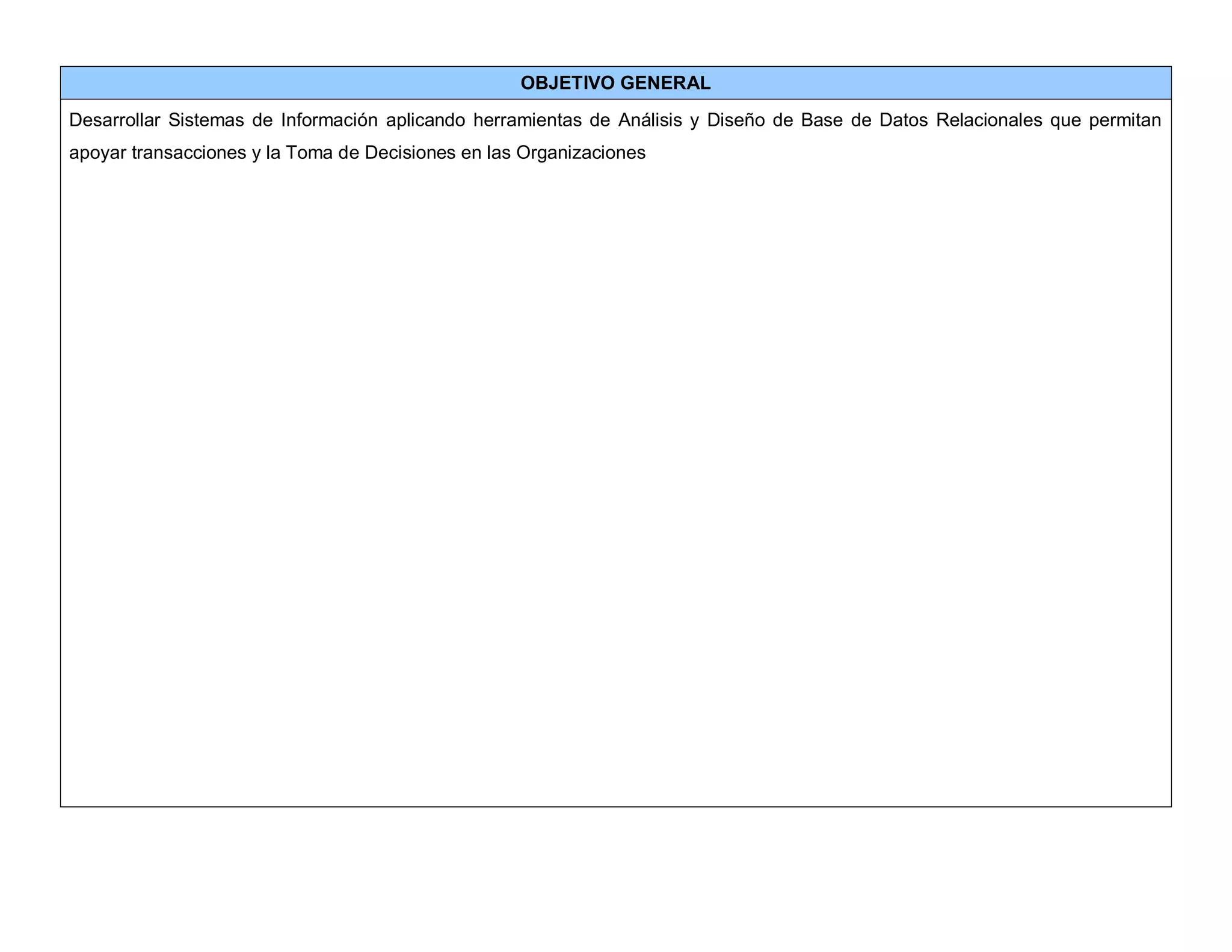 OBJETIVO GENERAL
Desarrollar Sistemas de Información aplicando herramientas de Análisis y Diseño de Base de Datos Relacionales que permitan
apoyar transacciones y la Toma de Decisiones en las Organizaciones
 