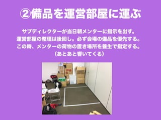 ②備品を運営部屋に運ぶ
サブディレクターが当日朝メンターに指示を出す。
運営部屋の整理は後回し。必ず会場の備品を優先する。
この時、メンターの荷物の置き場所を養生で指定する。
（あとあと響いてくる）
 