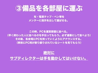 ③備品を各部屋に運ぶ
布・電源タップ・ペン等を
メンターに指示を出して運ばせる。
この時、PCを運営部屋に並べる。
（早く終わった人に並べるのを手伝ってもらう。必ず連番にして並べよう）
その後、各会場にPCを持っていくようにアナウンスする。
（事前にPC班が割り振りされているシートを見てもらう）
絶対に
サブディレクターは手を動かしてはいけない。
 