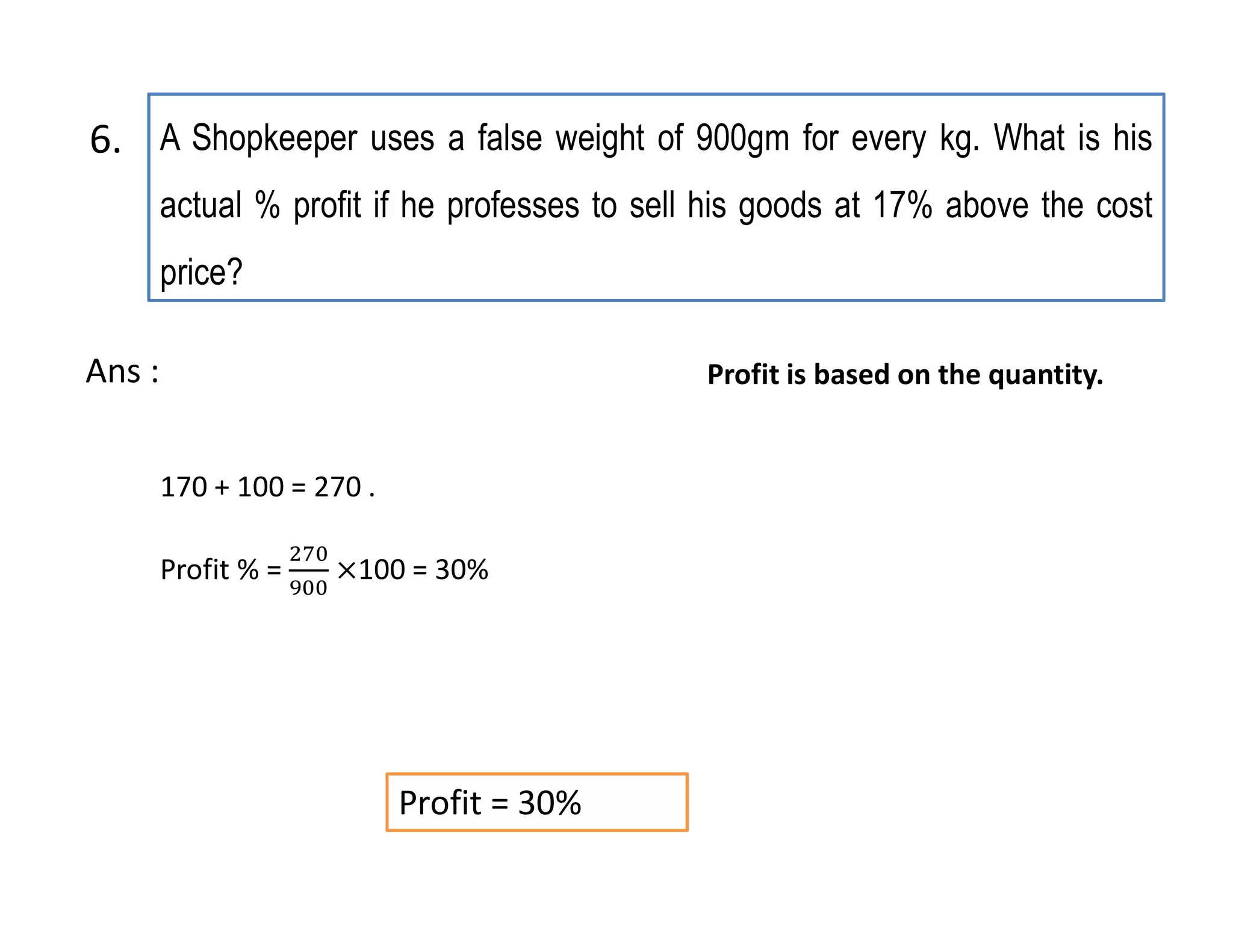 A Shopkeeper uses a false weight of 900gm for every kg. What is his
actual % profit if he professes to sell his goods at 17% above the cost
price?
Profit = 30%
170 + 100 = 270 .
Profit % = 100 = 30%
Ans : Profit is based on the quantity.
6.
 