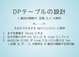DPテーブルの設計
番目の関数が, 区間 の数列i [l, r]
, … ,xl xr
を出力できるかを dp[l][r][i]に保存
1. まず全要素を falseにする
2. 出力可能と分かった を trueにしていく
3. dp[0][N-1][0]が trueになったら答えは Yes
区間 の数列を 番目の関数が生成可能
(l, r, i)
[0, N − 1] 0
 