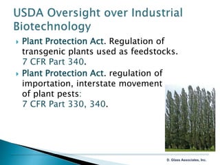  Plant Protection Act. Regulation of
transgenic plants used as feedstocks.
7 CFR Part 340.
 Plant Protection Act. regula...