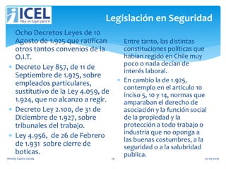 Legislación en Seguridad
 Ocho Decretos Leyes de 10
Agosto de 1.925 que ratifican
otros tantos convenios de la
O.I.T.
 Decreto Ley 857, de 11 de
Septiembre de 1.925, sobre
empleados particulares,
sustitutivo de la Ley 4.059, de
1.924, que no alcanzo a regir.
 Decreto Ley 2.100, de 31 de
Diciembre de 1.927, sobre
tribunales del trabajo.
 Ley 4.956, de 26 de Febrero
de 1.931 sobre cierre de
boticas.
 Entre tanto, las distintas
constituciones políticas que
habían regido en Chile muy
poco o nada decían de
interés laboral.
 En cambio la de 1.925,
contemplo en el articulo 10
inciso 5, 10 y 14, normas que
amparaban el derecho de
asociación y la función social
de la propiedad y la
protección a todo trabajo o
industria que no oponga a
las buenas costumbres, a la
seguridad o a la salubridad
publica.Wendy Castro Cerda. 19 02-05-2016
 