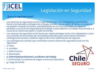  ¿Qué es la seguridad social?

 Los sistemas de seguridad social otorgan protección a los trabajadores y sus familias
frente a las llamadas contingencias o riesgos sociales, con el objeto de aliviar el estado de
necesidad e impedir la miseria, reestableciendo en un nivel razonable, los ingresos
perdidos a causa de la incapacidad para trabajar o para obtener un trabajo remunerado o a
causa de la muerte del padre o madre de familia.
 Los sistemas de seguridad social tienen por objeto proteger tanto a los trabajadores como
a sus familias de los estados de necesidad producidos por ciertos hechos llamados
contingencias sociales, mediante alguna forma de redistribución de ingresos.
 Las contingencias sociales que contempla nuestro sistema de seguridad social son las
siguientes:
 a. Vejez.
 b. Invalidez
 c. Sobrevivencia
 d. Desempleo
 e. Enfermedad profesional y accidentes del trabajo
 f. Enfermedad y accidentes de origen común (no laborales)
 g. Carga de familia
Legislación en Seguridad
Wendy Castro Cerda. 30 02-05-2016
 